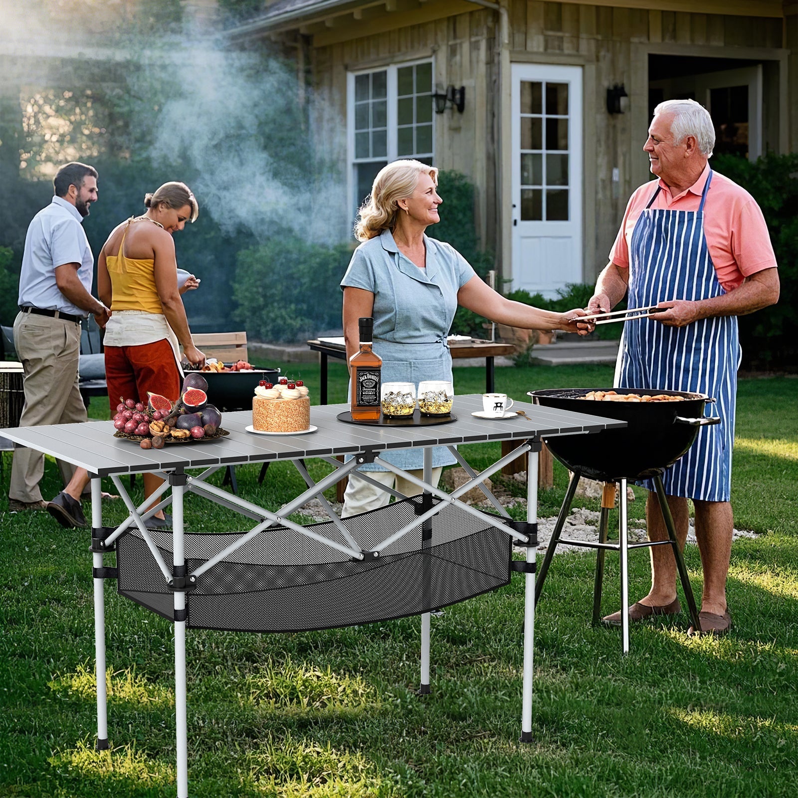 Patio Folding Camping Table with Roll-up Tabletop and Mesh Basket - Energize Trek