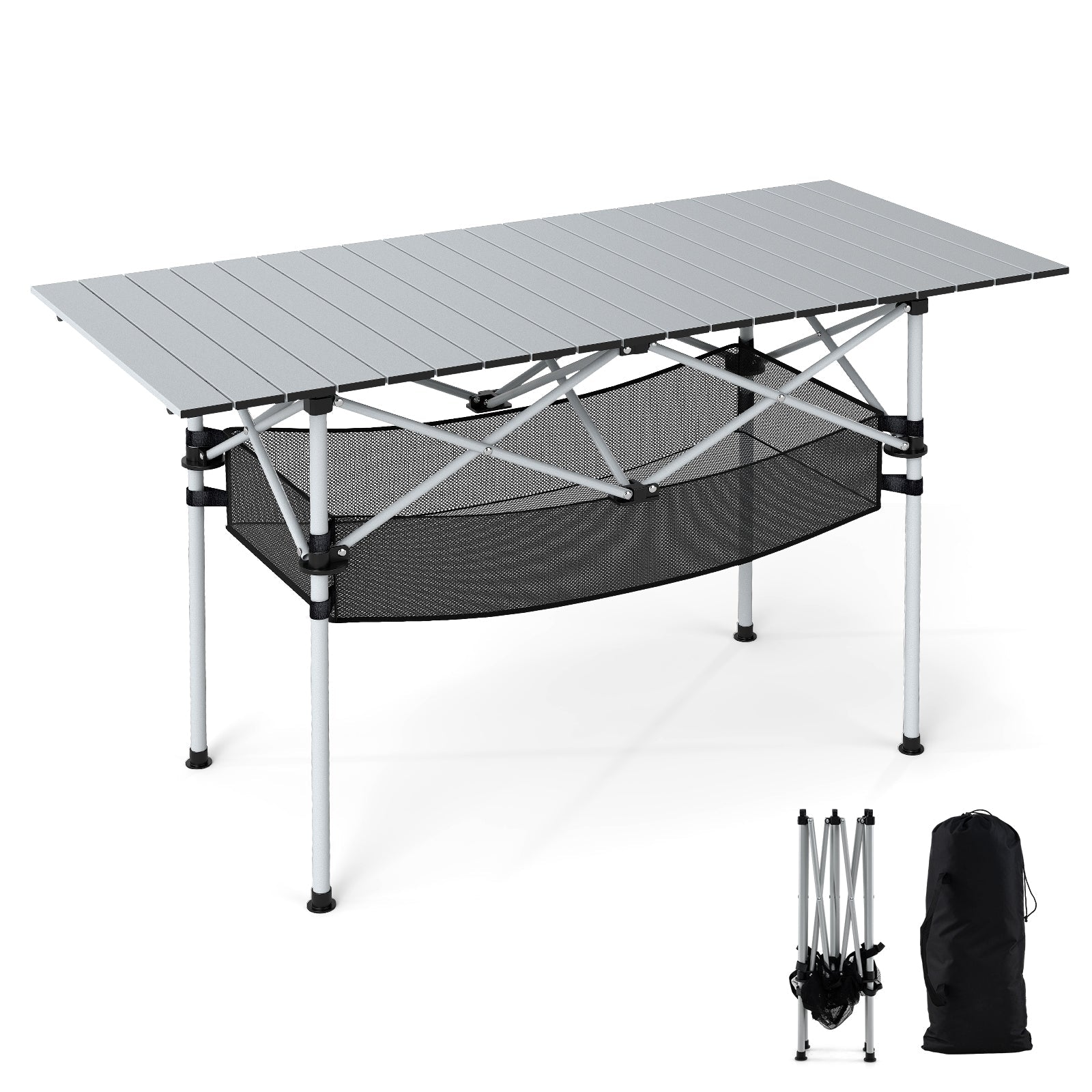 Patio Folding Camping Table with Roll-up Tabletop and Mesh Basket - Energize Trek