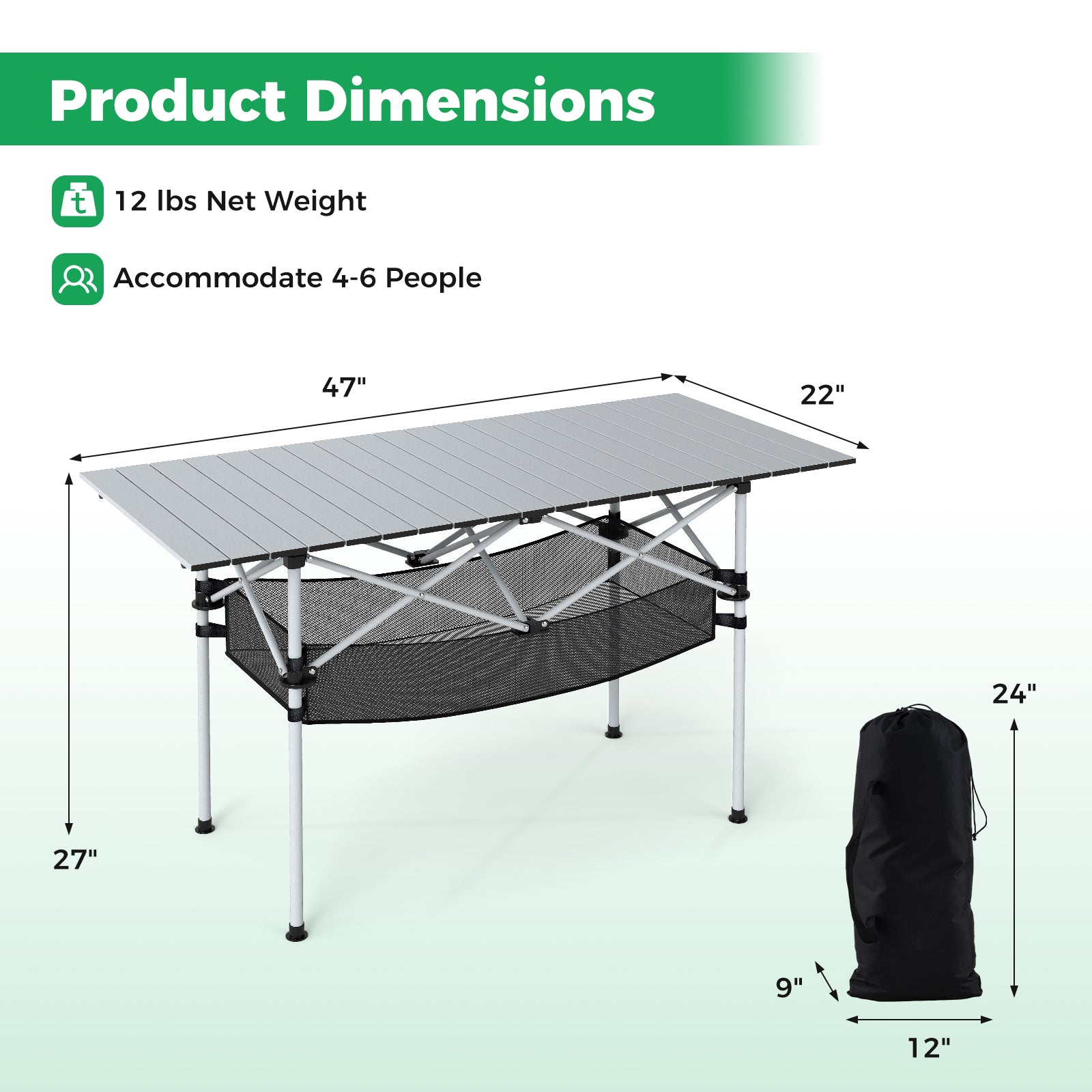 Patio Folding Camping Table with Roll-up Tabletop and Mesh Basket - Energize Trek