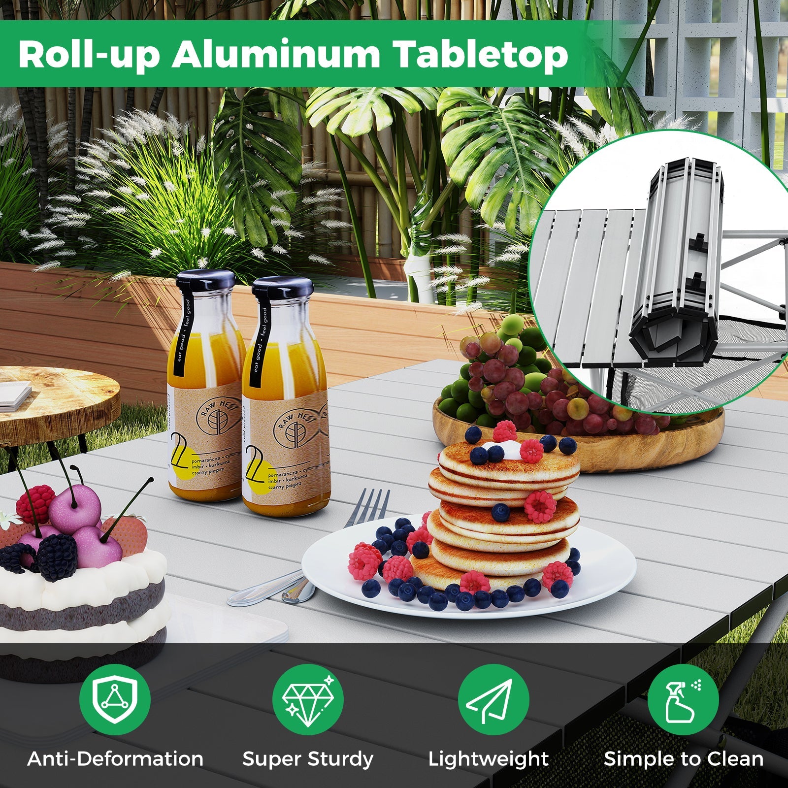 Patio Folding Camping Table with Roll-up Tabletop and Mesh Basket - Energize Trek