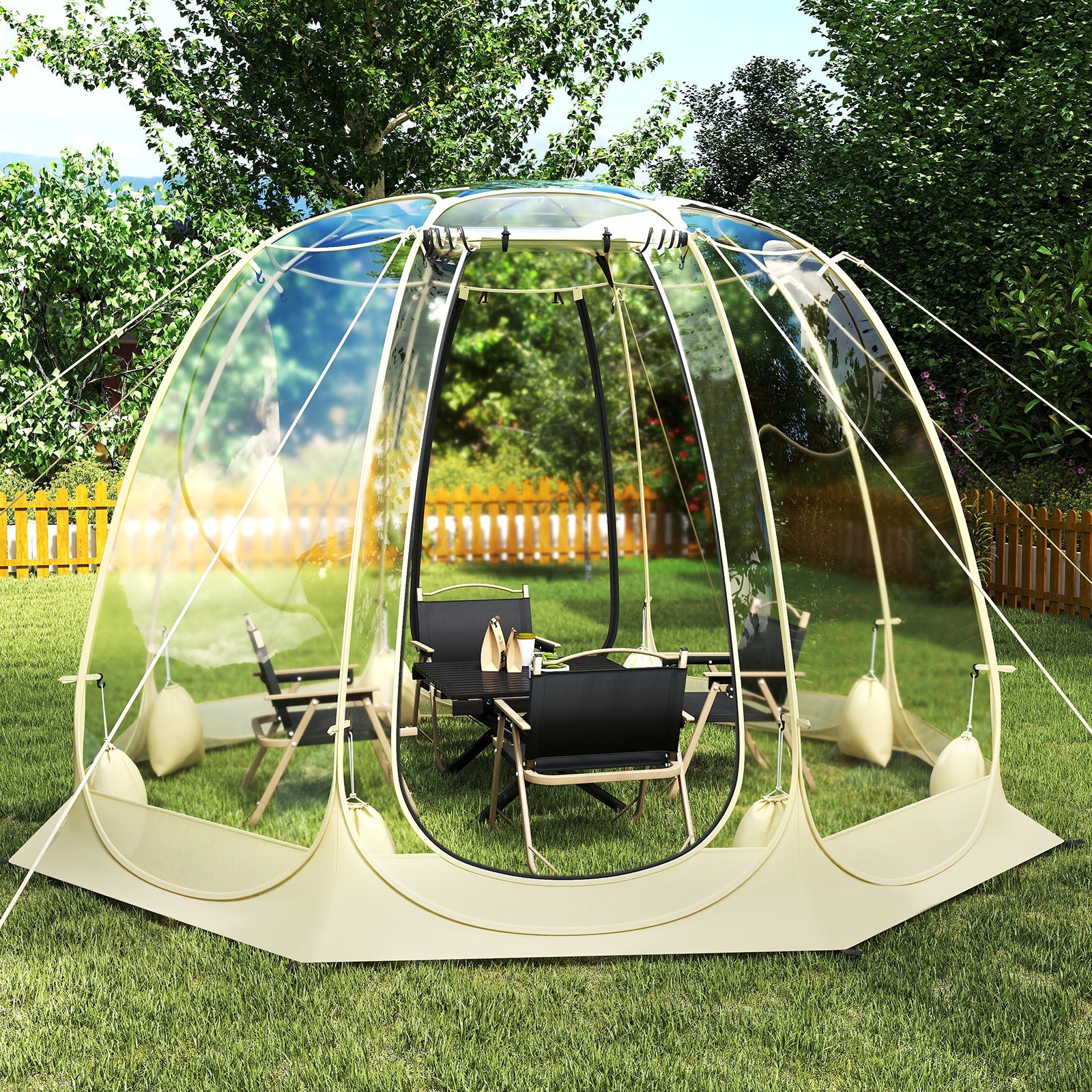 Pop Up Bubble Tent 630° Transparent PVC Igloo 8.5 x 8.5 FT Instant Setup Screen House for 5-6 People-Beige - Energize Trek