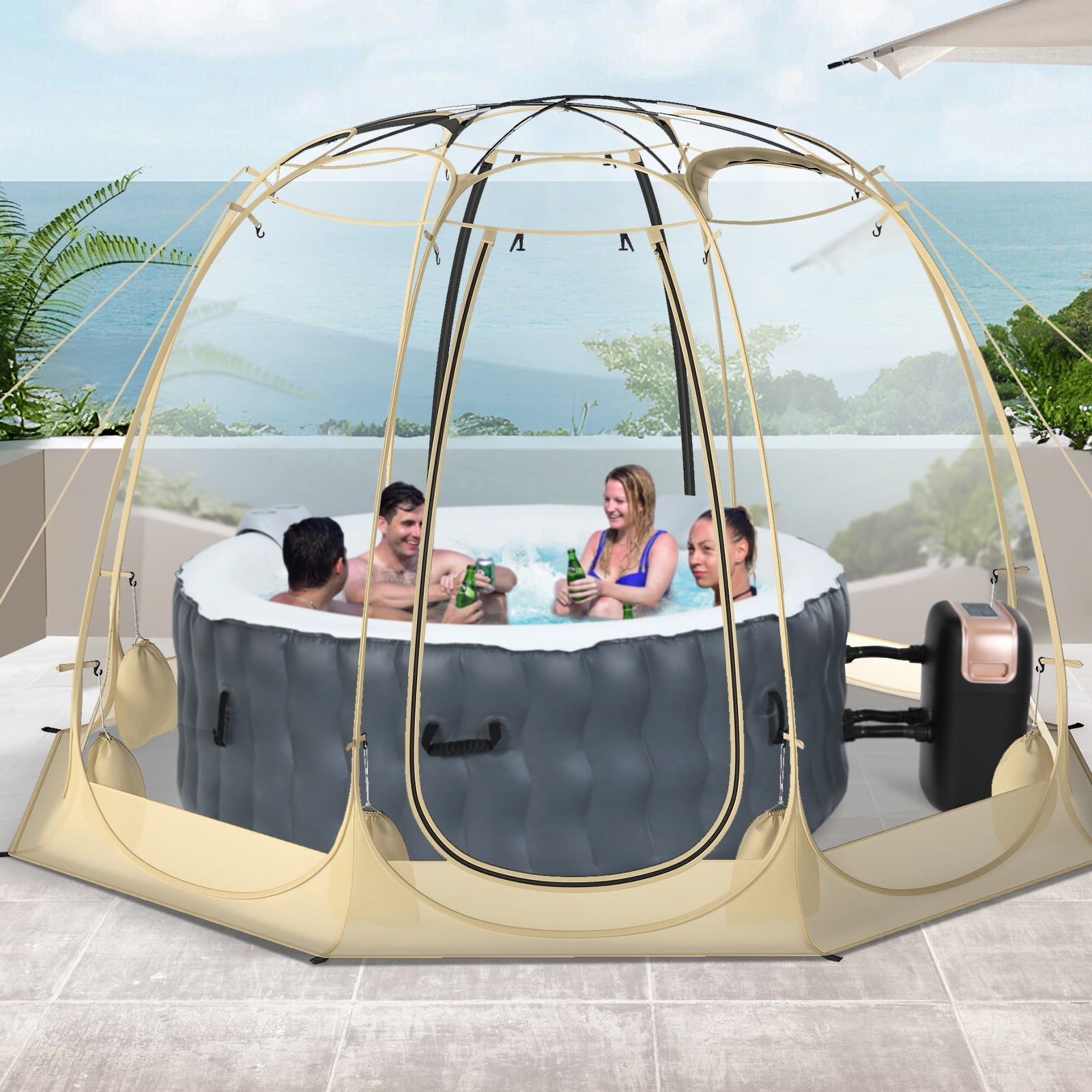 Pop Up Bubble Tent 630° Transparent PVC Igloo 8.5 x 8.5 FT Instant Setup Screen House for 5-6 People-Beige - Energize Trek