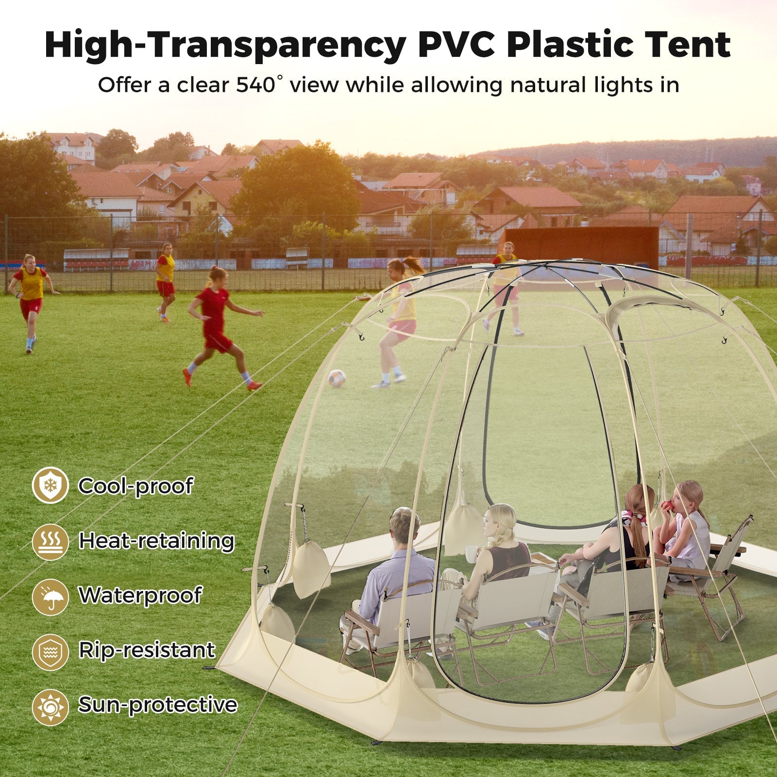 Pop Up Bubble Tent 630° Transparent PVC Igloo 8.5 x 8.5 FT Instant Setup Screen House for 5-6 People-Beige - Energize Trek