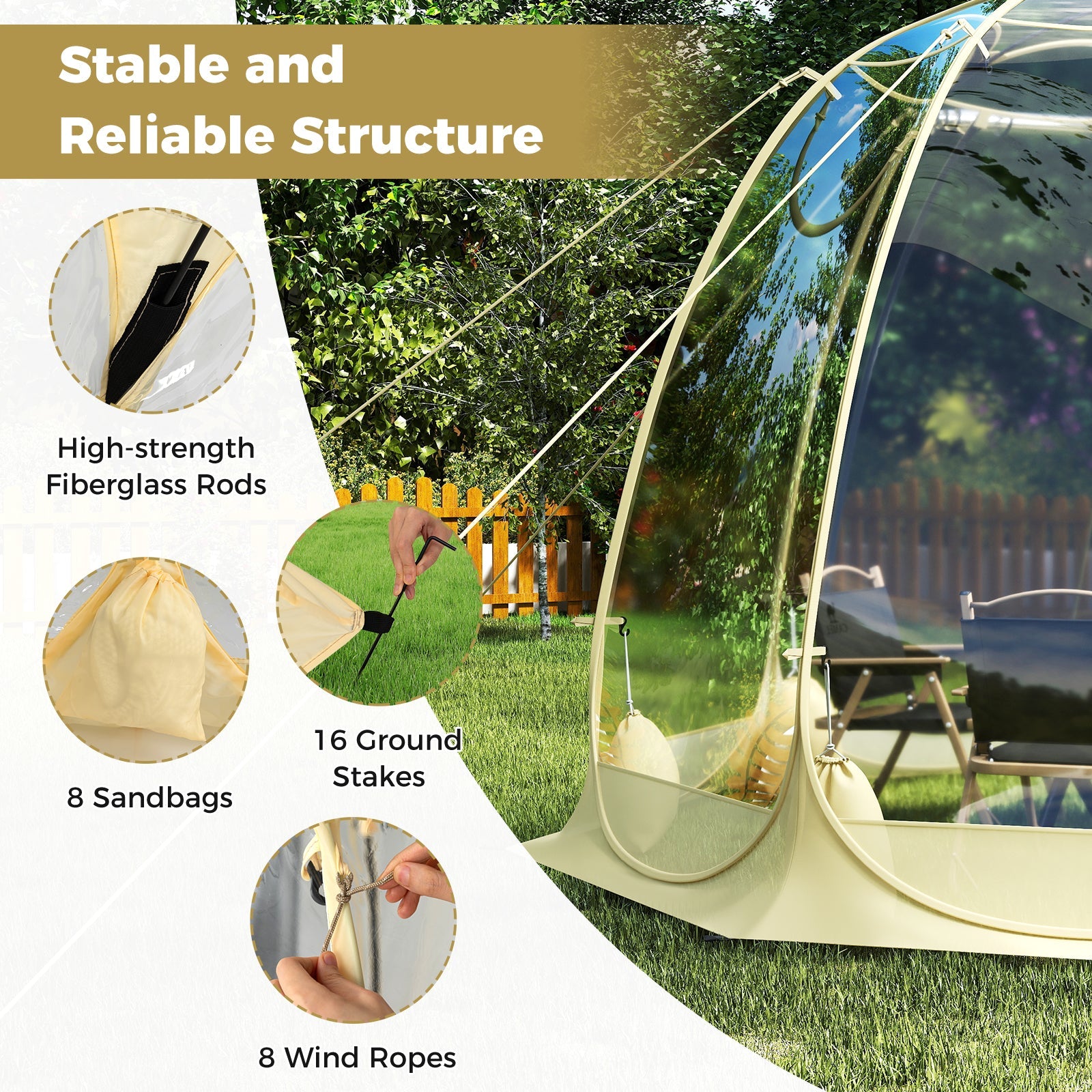 Pop Up Bubble Tent 630° Transparent PVC Igloo 8.5 x 8.5 FT Instant Setup Screen House for 5-6 People-Beige - Energize Trek