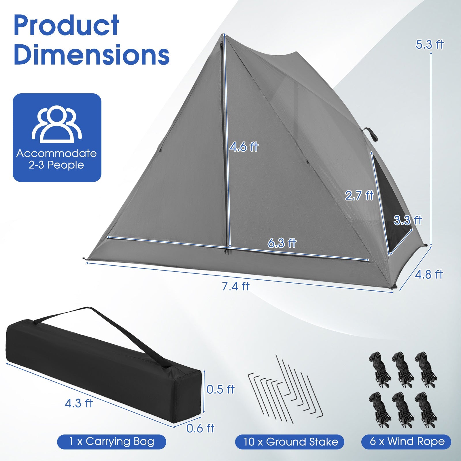 Pop-up Camping Tent for 2-3 People with Carry Bag and Rainfly for Backpacking Hiking Trip-Gray - Energize Trek