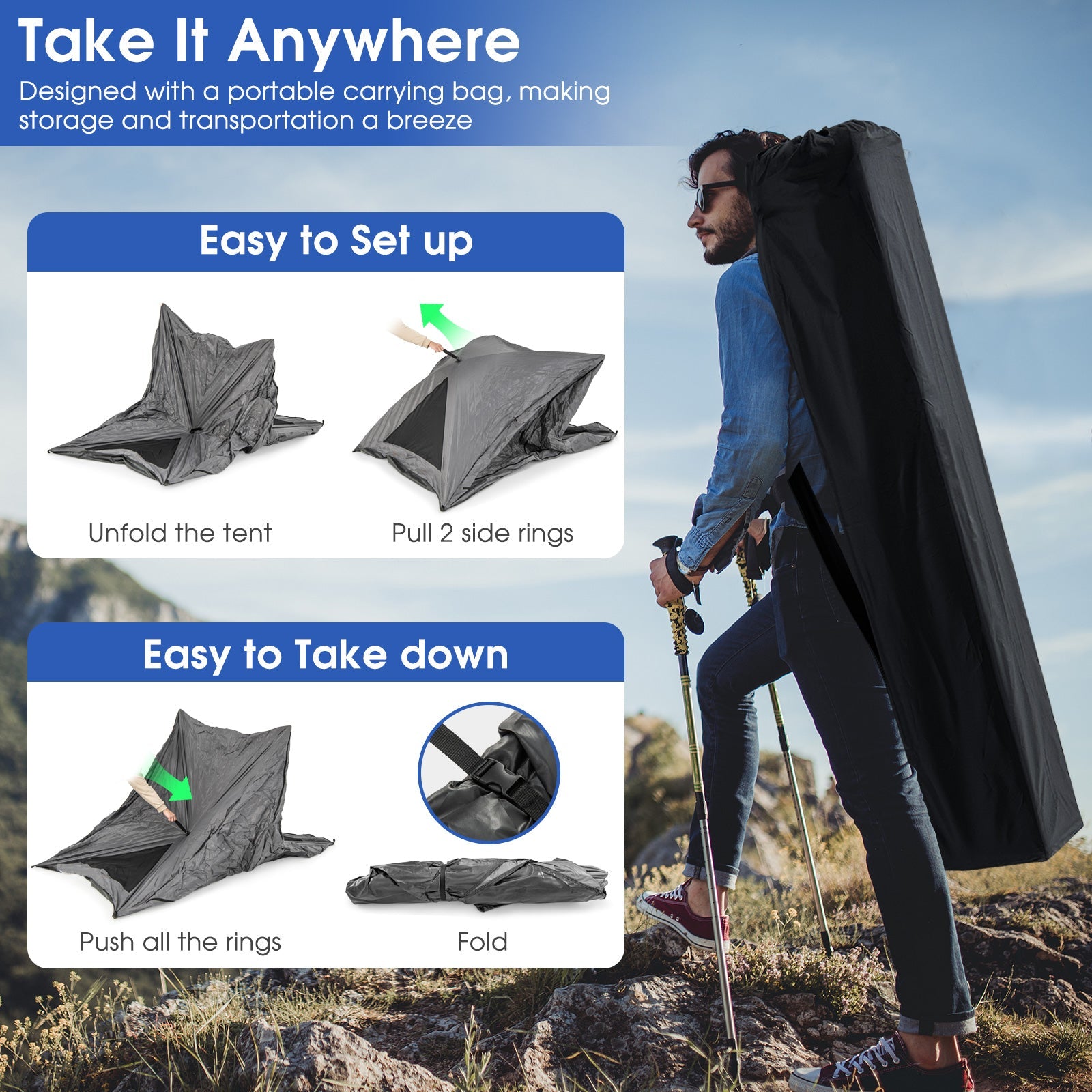 Pop-up Camping Tent for 2-3 People with Carry Bag and Rainfly for Backpacking Hiking Trip-Gray - Energize Trek