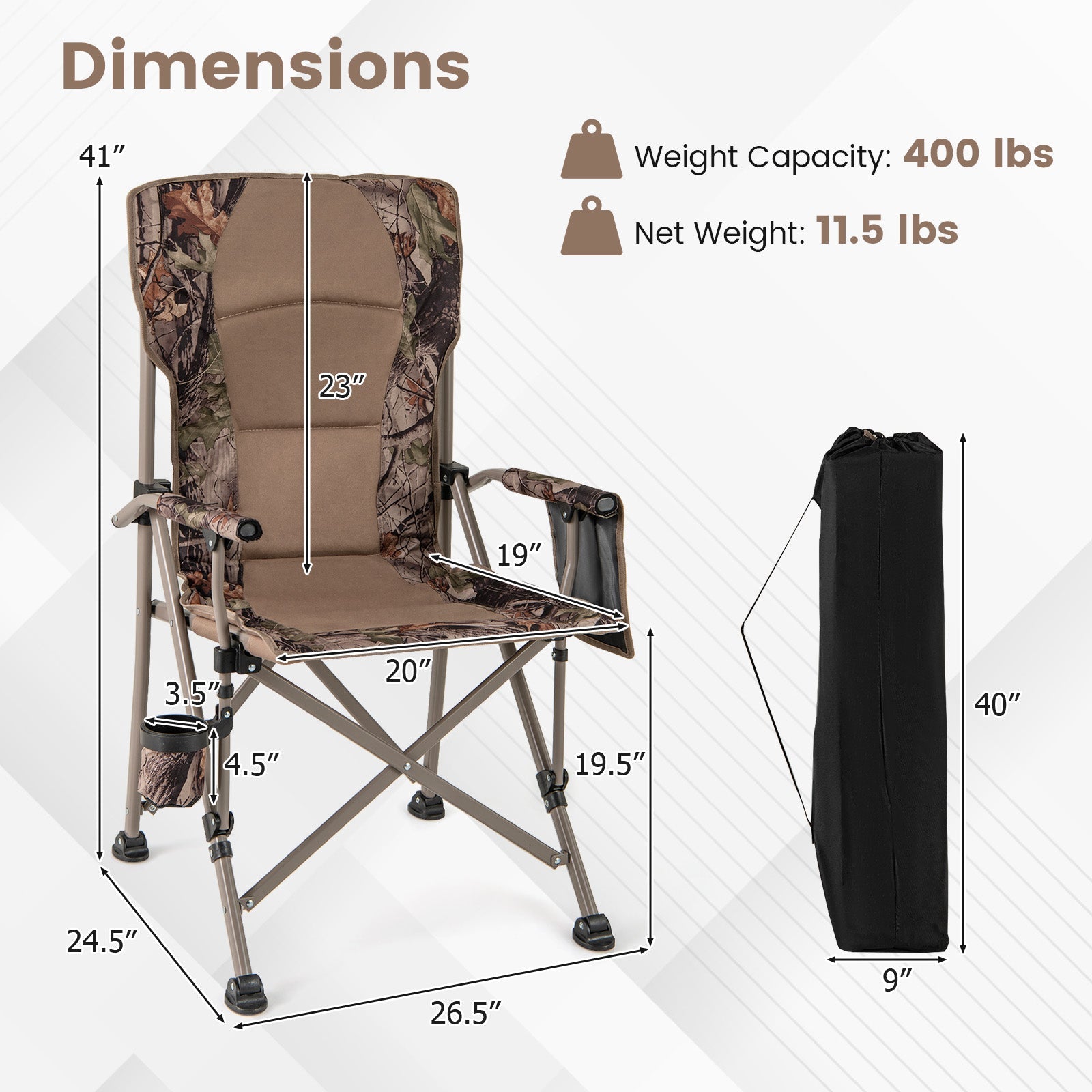 Portable Camping Chair with 400 LBS Metal Frame and Anti-Slip Feet - Energize Trek