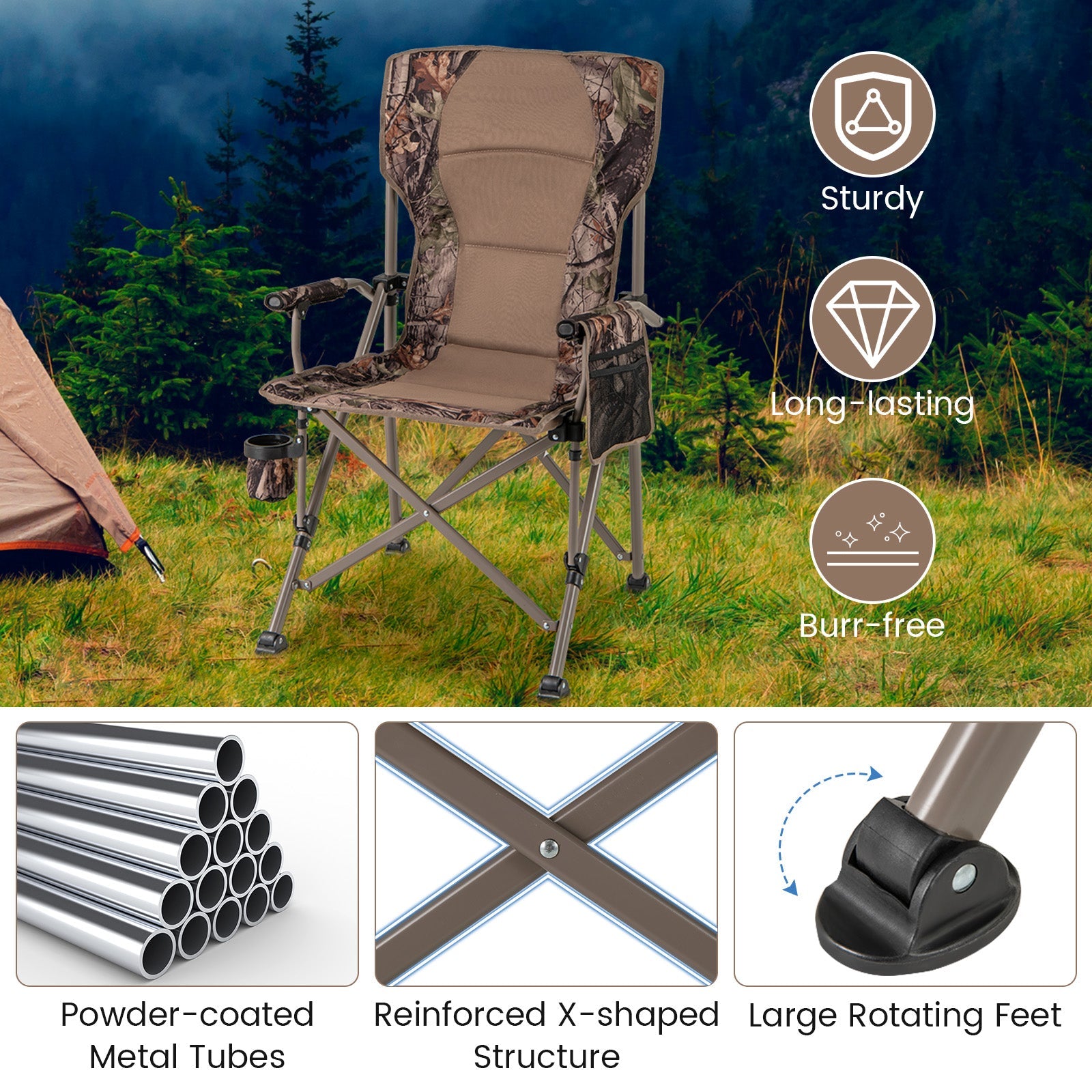 Portable Camping Chair with 400 LBS Metal Frame and Anti-Slip Feet - Energize Trek