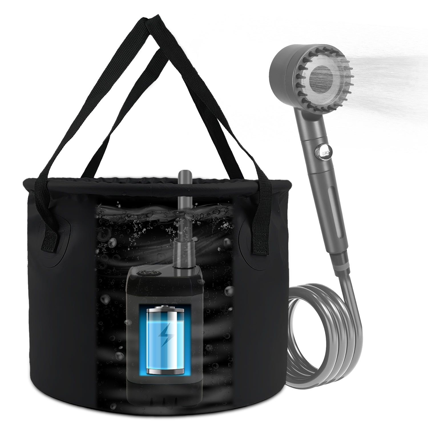Portable Shower for Camping Include IPX7 Waterproof 6000mAh Rechargeable Shower Pump Filtered Shower Head 5.3Gallon Foldable Bucket For Hiking Beach T - Energize Trek