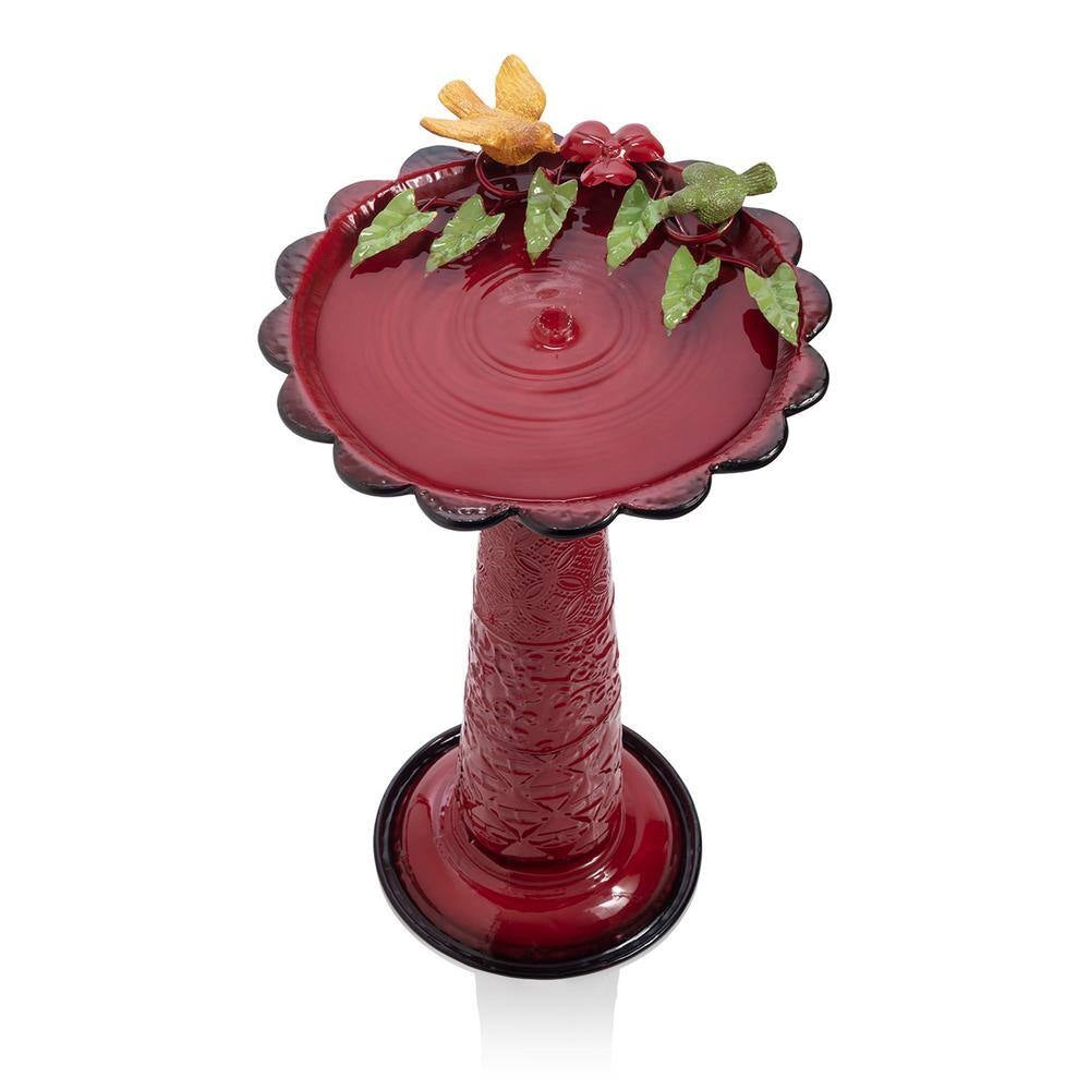 Red Metal Outdoor Garden Patio Birdbath with Decorative Bird Leaf Figurines - Energize Trek