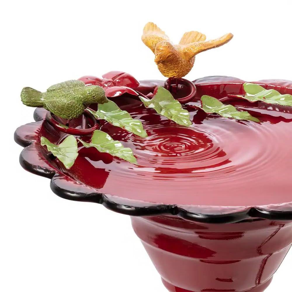Red Metal Outdoor Garden Patio Birdbath with Decorative Bird Leaf Figurines - Energize Trek