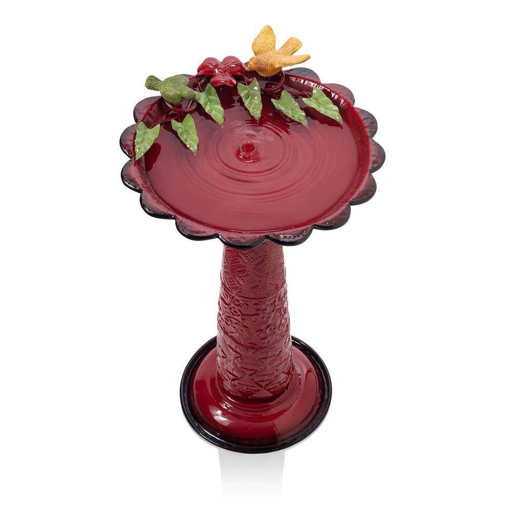 Red Metal Outdoor Garden Patio Birdbath with Decorative Bird Leaf Figurines - Energize Trek