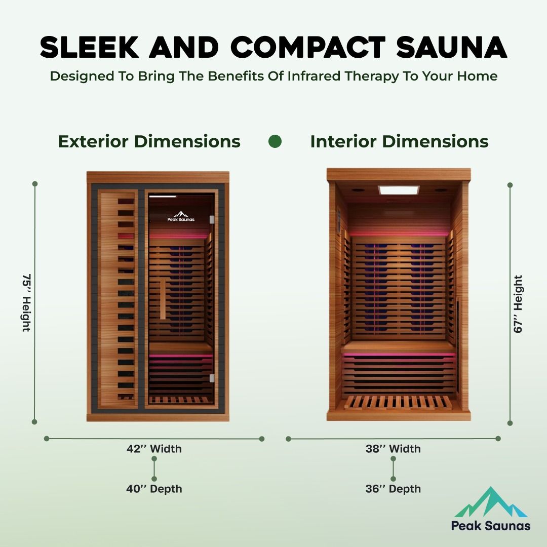 Peak Saunas Rainier 1-Person Full Spectrum Infrared Sauna with XL Medical-Grade Red Light Therapy & Smart WiFi App Control - Energize Trek