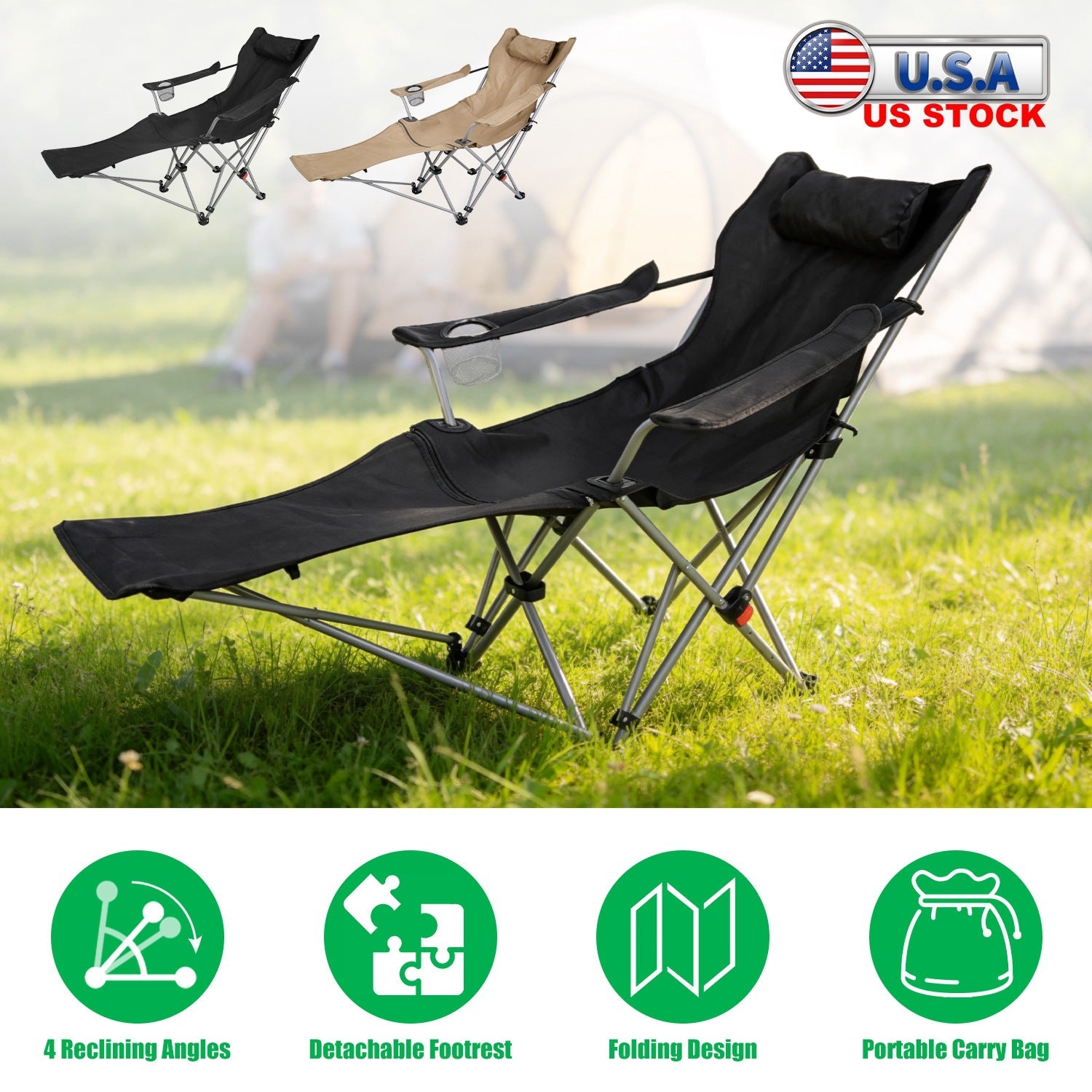 Reclining Camping Chair with Footrest 4-Position Adjustable Outdoor Folding Chair Heavy Duty Portable Camping Lounge Chair with Headrest Cup Holder & - Energize Trek