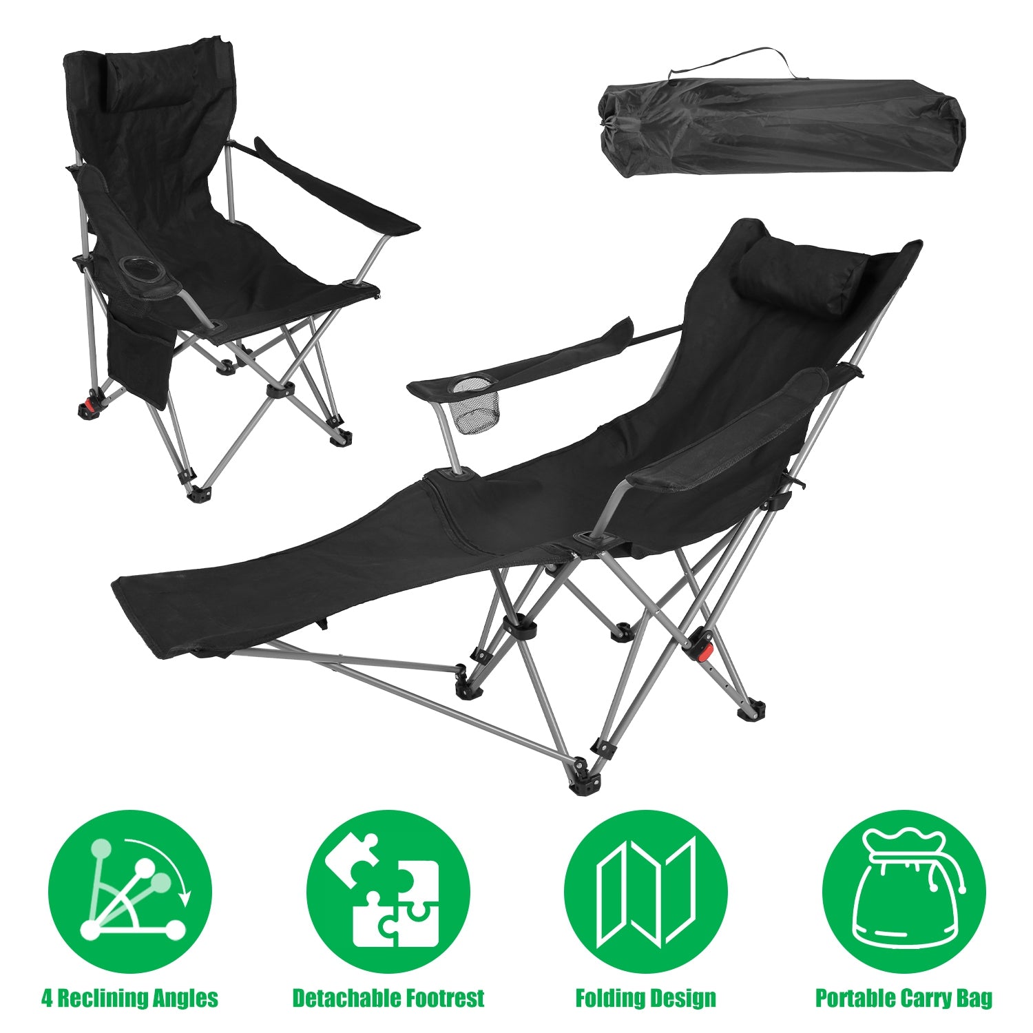 Reclining Camping Chair with Footrest 4-Position Adjustable Outdoor Folding Chair Heavy Duty Portable Camping Lounge Chair with Headrest Cup Holder & - Energize Trek