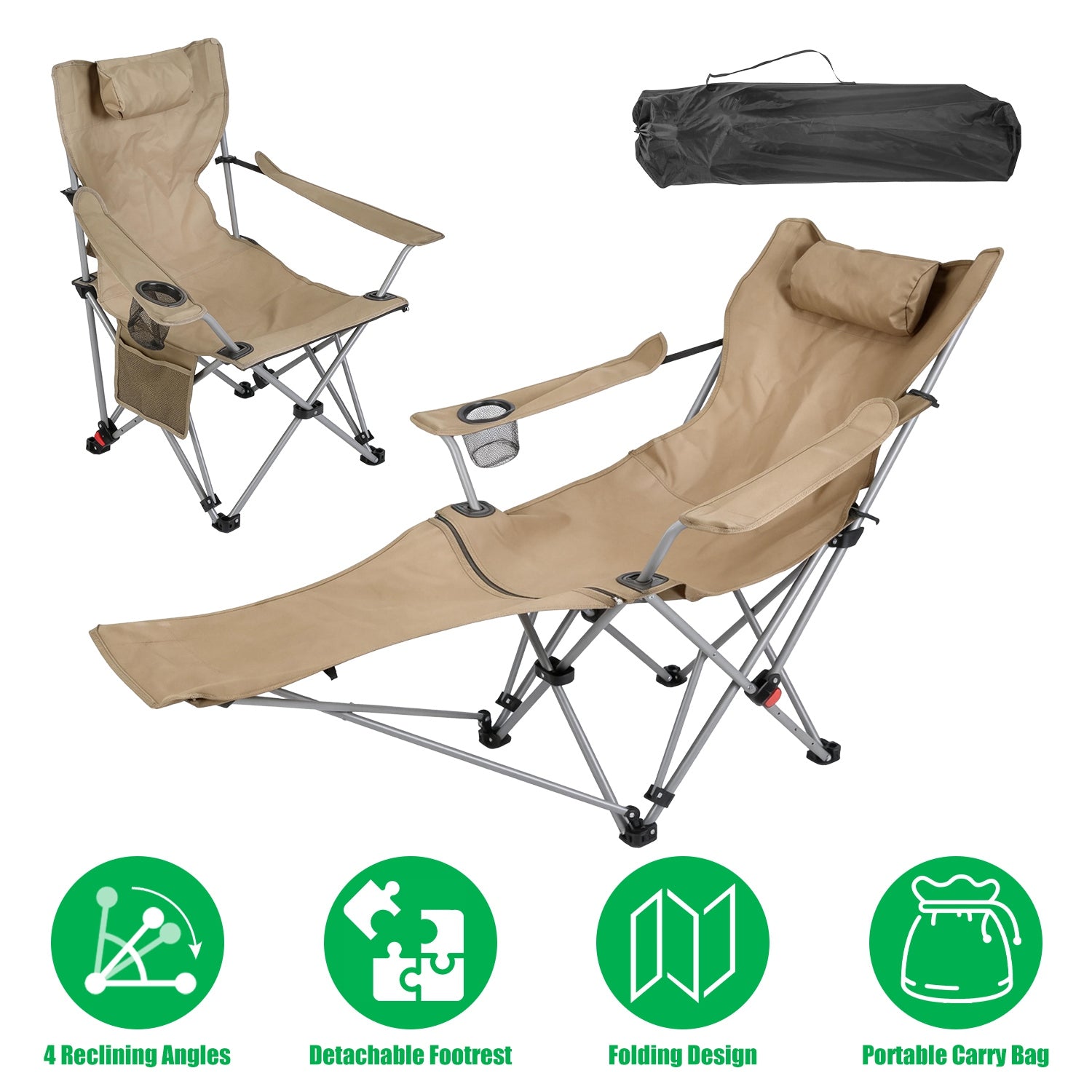 Reclining Camping Chair with Footrest 4-Position Adjustable Outdoor Folding Chair Heavy Duty Portable Camping Lounge Chair with Headrest Cup Holder & - Energize Trek