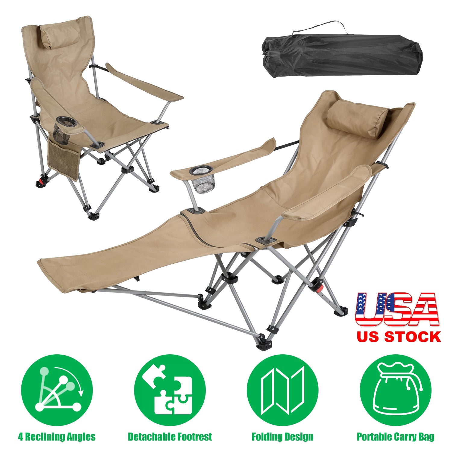 Reclining Camping Chair with Footrest 4-Position Adjustable Outdoor Folding Chair Heavy Duty Portable Camping Lounge Chair with Headrest Cup Holder & - Energize Trek