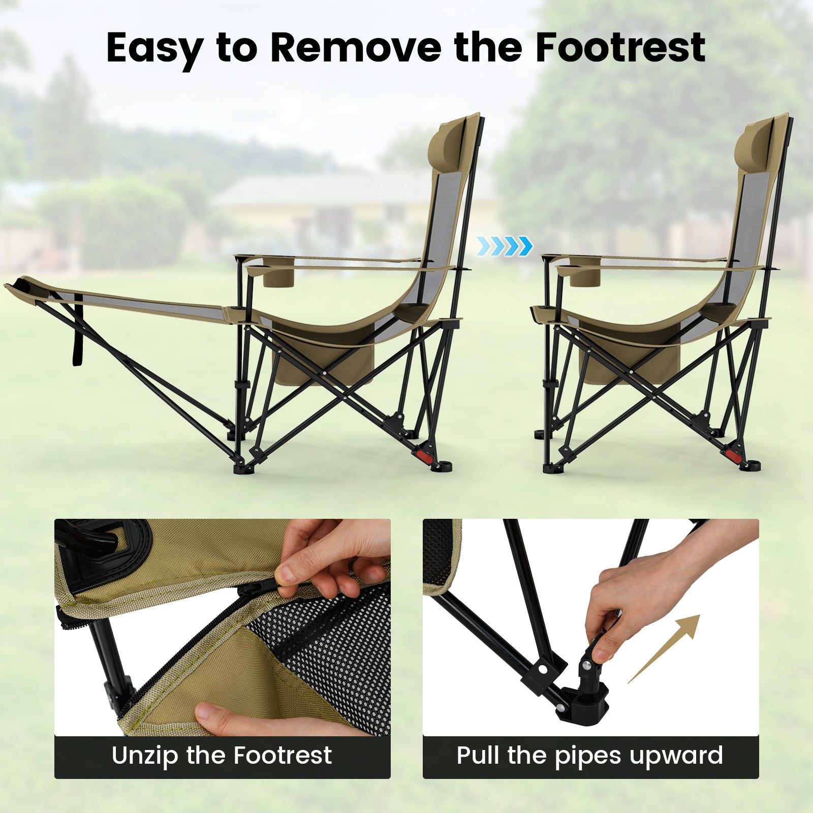 Reclining Camping Chair with Removable Footrest and Adjustable Backrest - Energize Trek