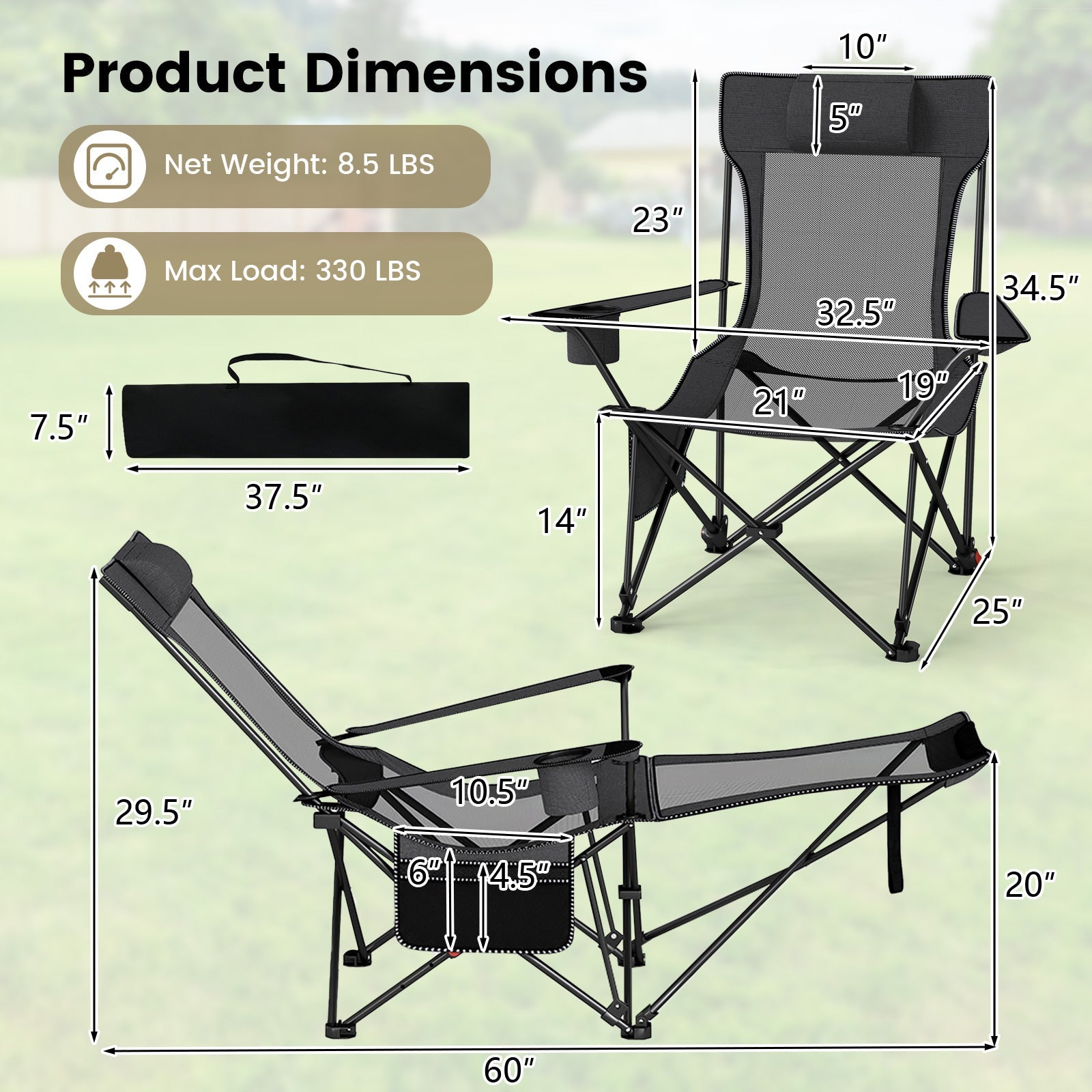 Reclining Camping Chair with Removable Footrest and Adjustable Backrest - Energize Trek