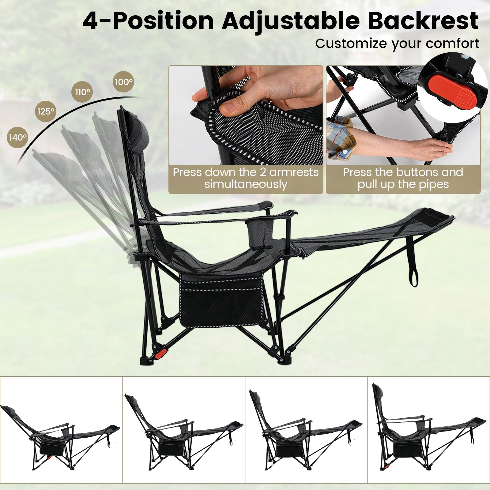 Reclining Camping Chair with Removable Footrest and Adjustable Backrest - Energize Trek