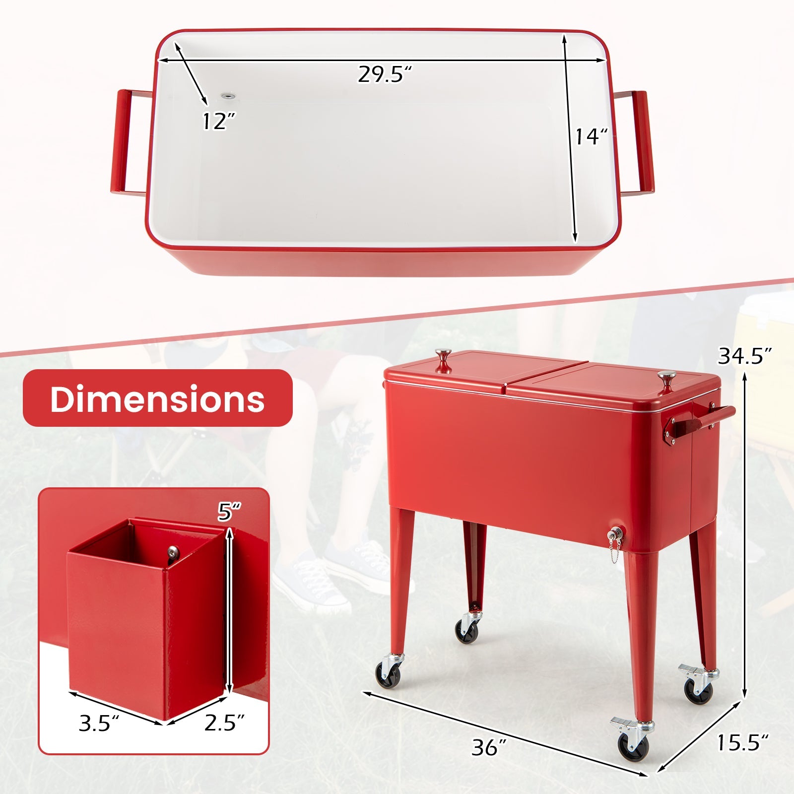Red Portable Outdoor Patio Cooler Cart - Energize Trek