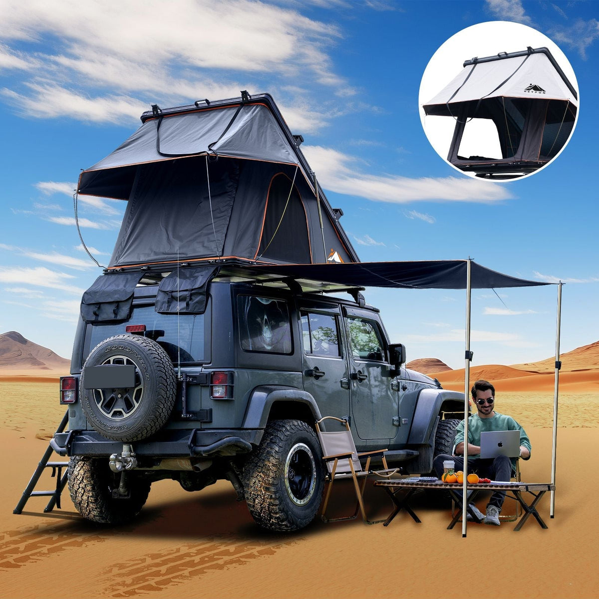 Roll over image to zoom in Adventurer Plus Rooftop Tent Hardshell with Side Awning, Air Conditioner Outlet with Bracket, &Replaceable Rain Flies, Truck Bed Tent for Camping, Pop Up Overland Roof Tents - Energize Trek