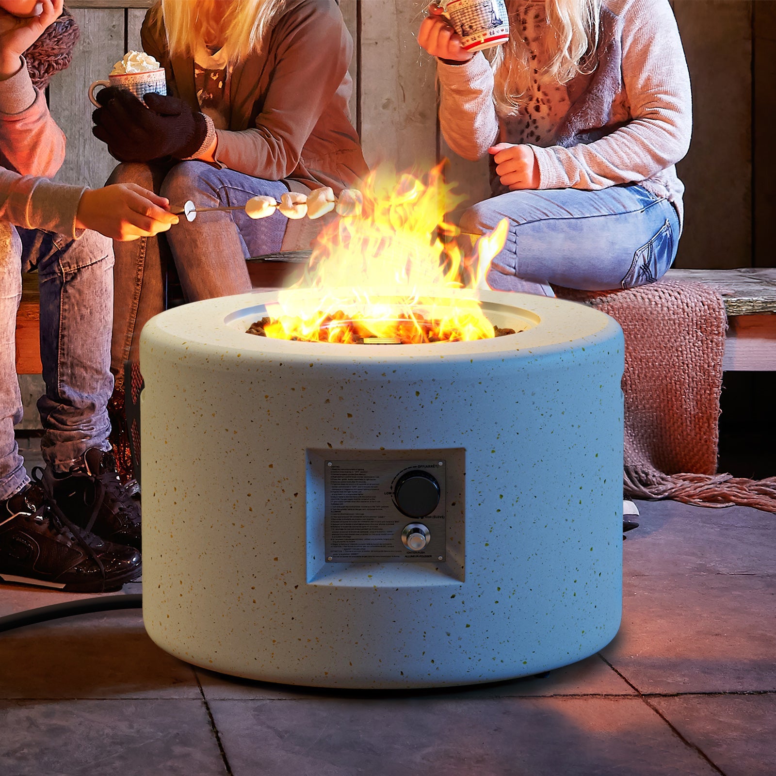 Round Terrazzo Propane Gas Fire Pit with Hideaway Tank Holder and Lava Rocks - Energize Trek