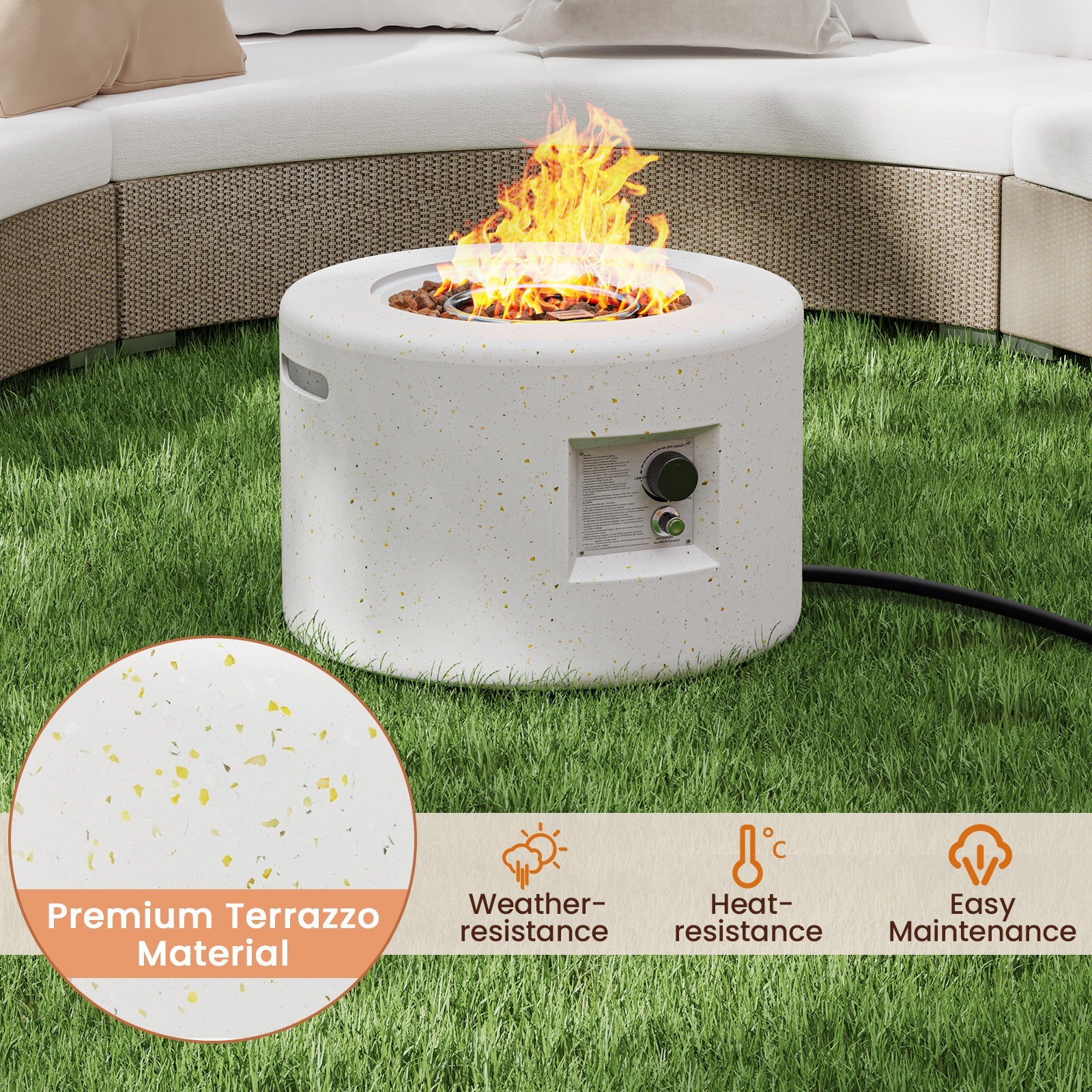 Round Terrazzo Propane Gas Fire Pit with Hideaway Tank Holder and Lava Rocks - Energize Trek