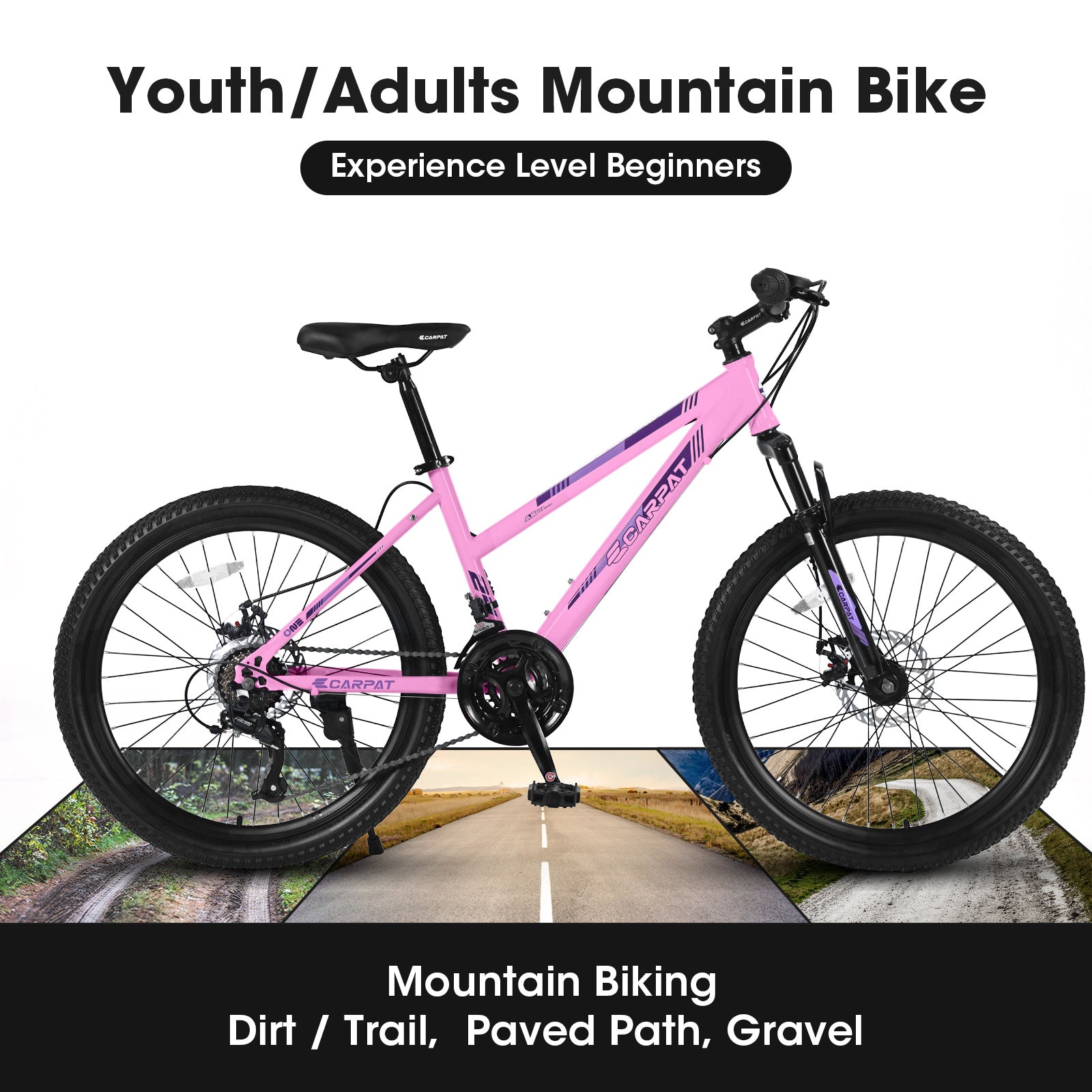 S24103 24 Inch Mountain Bike For Teenagers Girls Women, Shimano 21 Speeds With Dual Disc Brakes And 100mm Front Suspension, White-Pink - Energize Trek