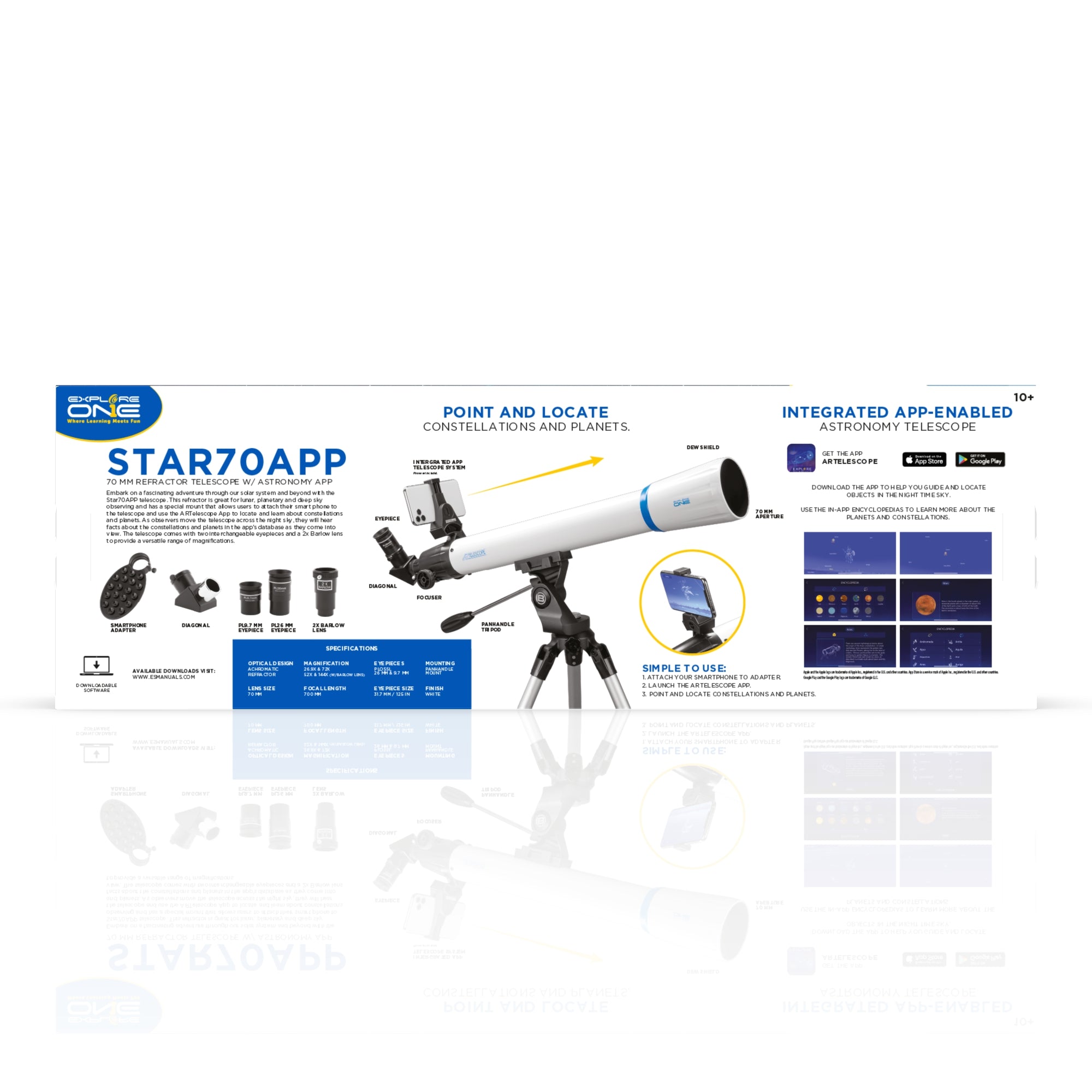 STAR70APP 70mm Refractor Telescope w/ Panhandle Mount and Astronomy APP - Energize Trek