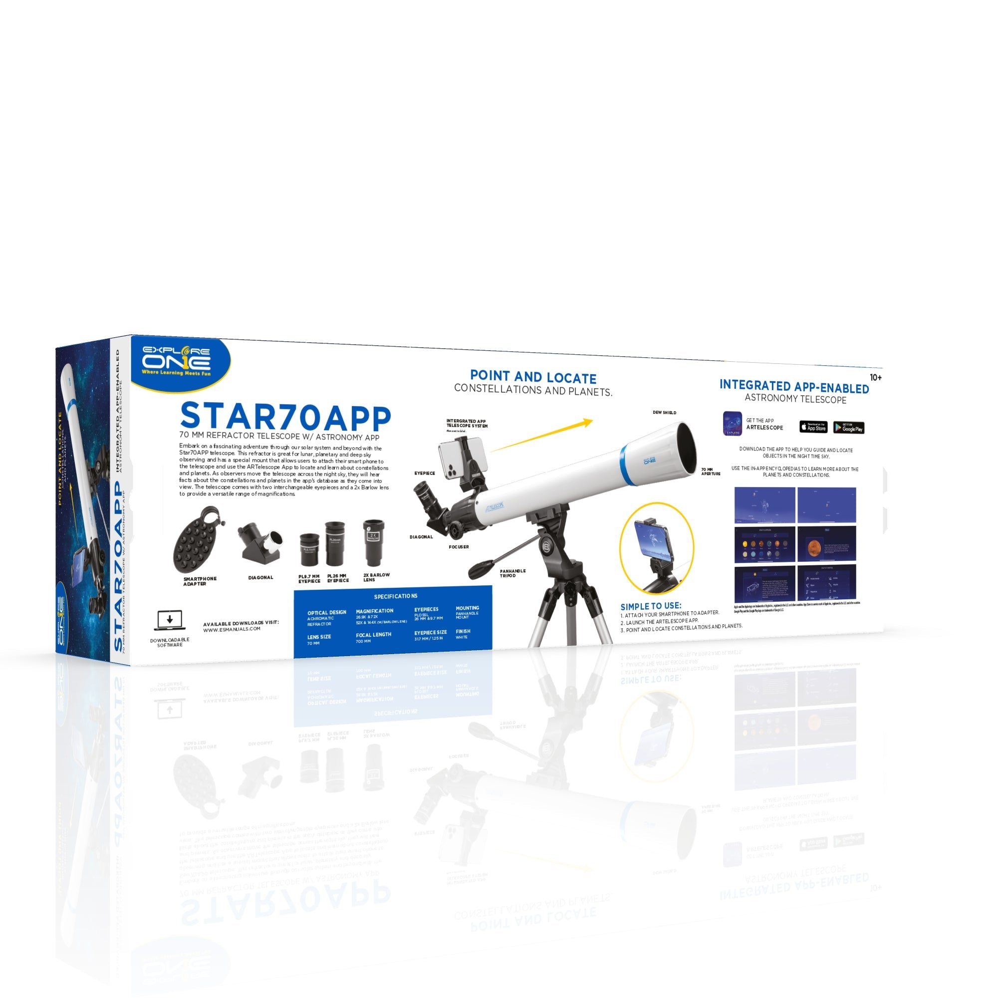 STAR70APP 70mm Refractor Telescope w/ Panhandle Mount and Astronomy APP - Energize Trek