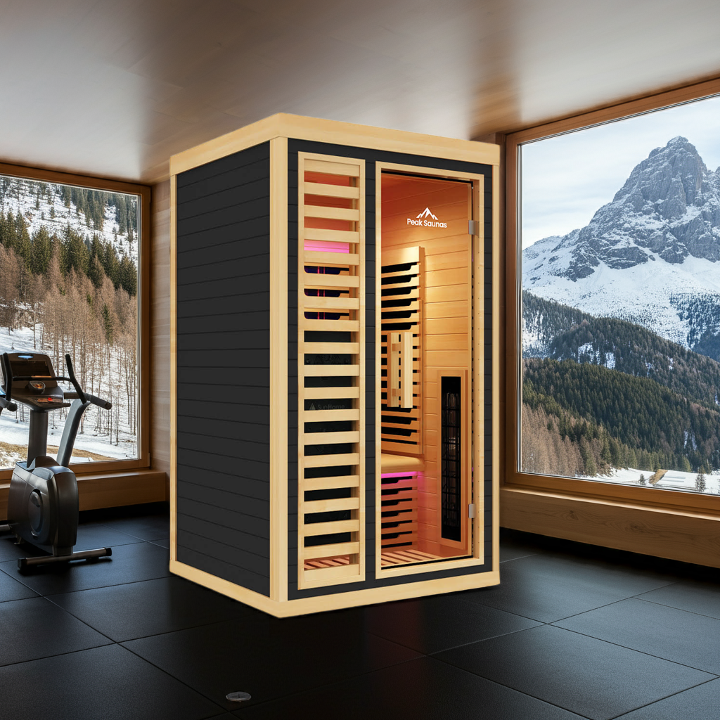 Peak Saunas Shasta 1-Person Full Spectrum Infrared Sauna with XL Medical-Grade Red Light Therapy & Smart WiFi App Control - Energize Trek