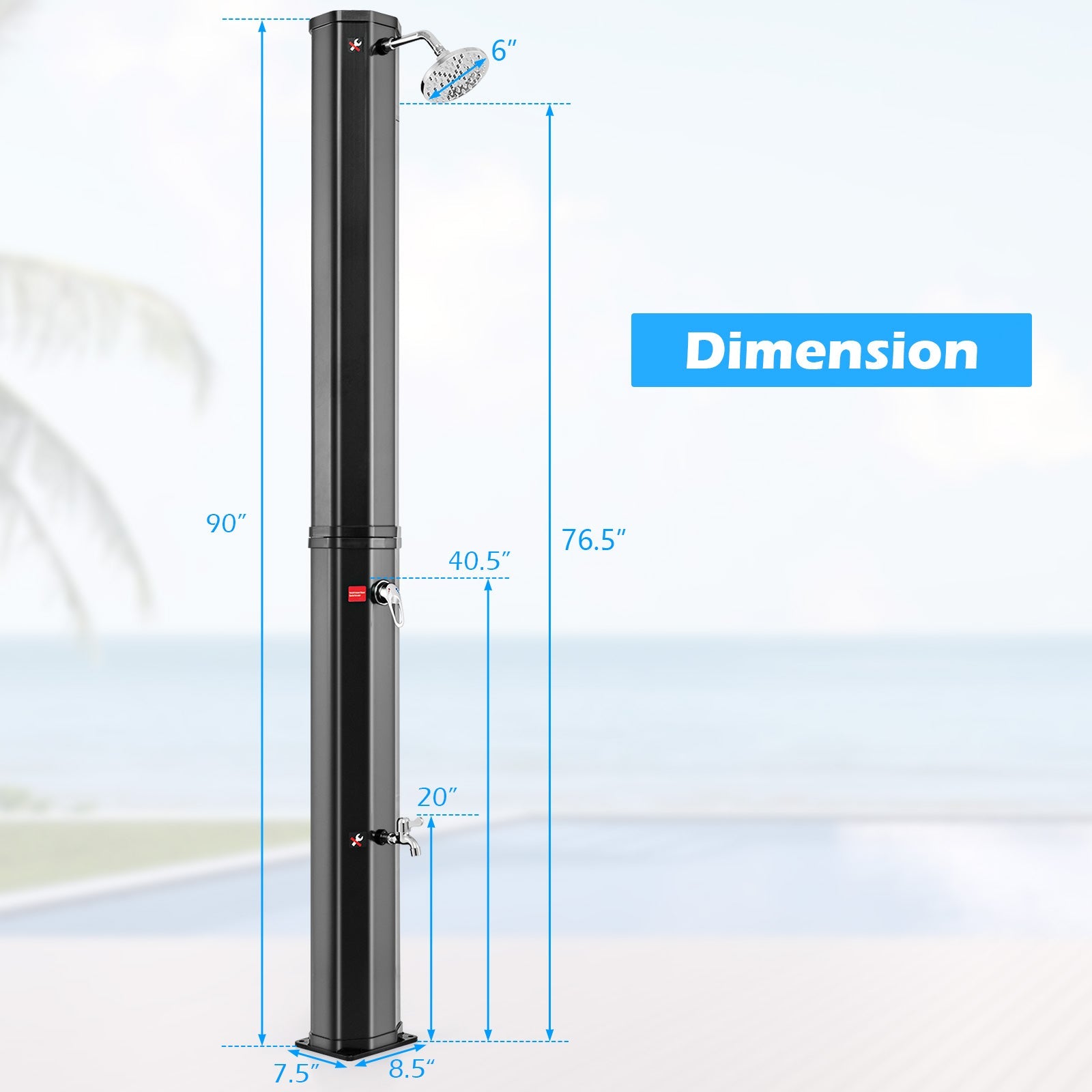 7.5 Feet 15.9 Gallon Solar Heated Outdoor Shower with Shower Head-Black