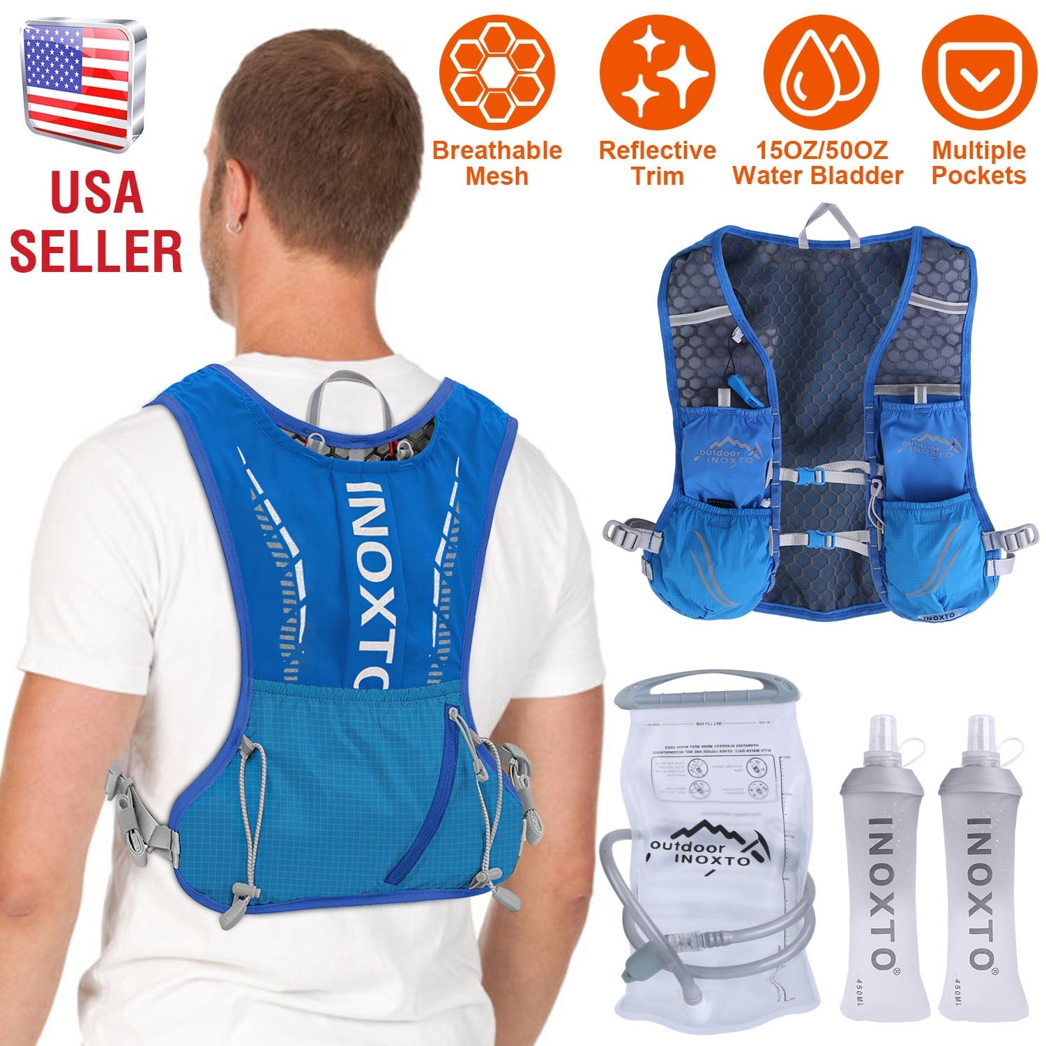 Sport Hydration Vest Running Backpack with 15oz 50oz Water Bladder Adjustable Strap Storage Bag for Trail Running Marathon Race Hiking - Energize Trek