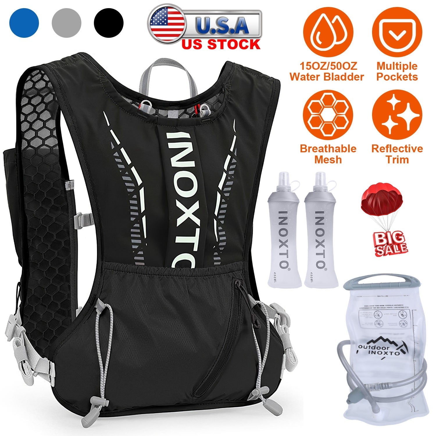 Sport Hydration Vest Running Backpack with 15oz 50oz Water Bladder Adjustable Strap Storage Bag for Trail Running Marathon Race Hiking - Energize Trek