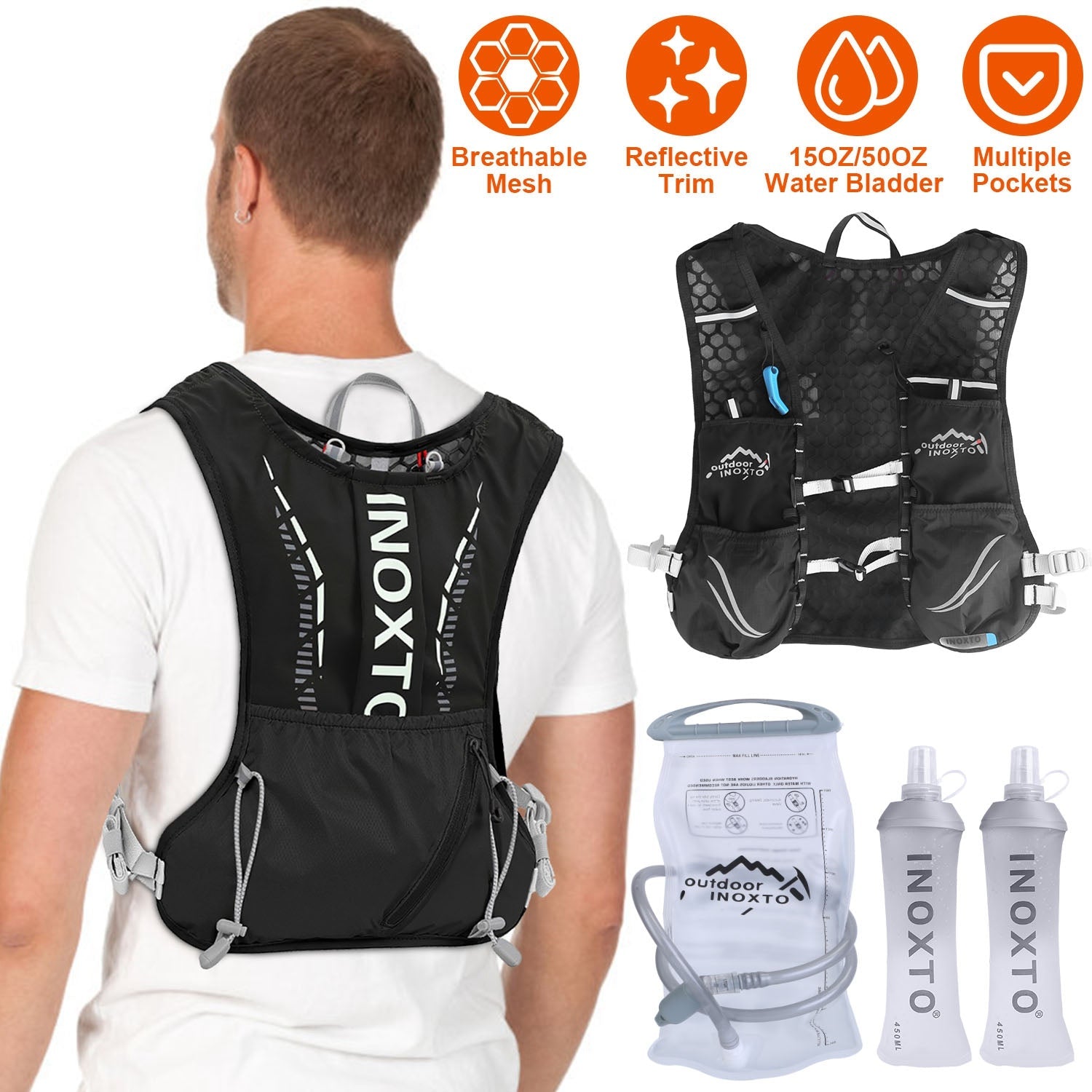 Sport Hydration Vest Running Backpack with 15oz 50oz Water Bladder Adjustable Strap Storage Bag for Trail Running Marathon Race Hiking - Energize Trek