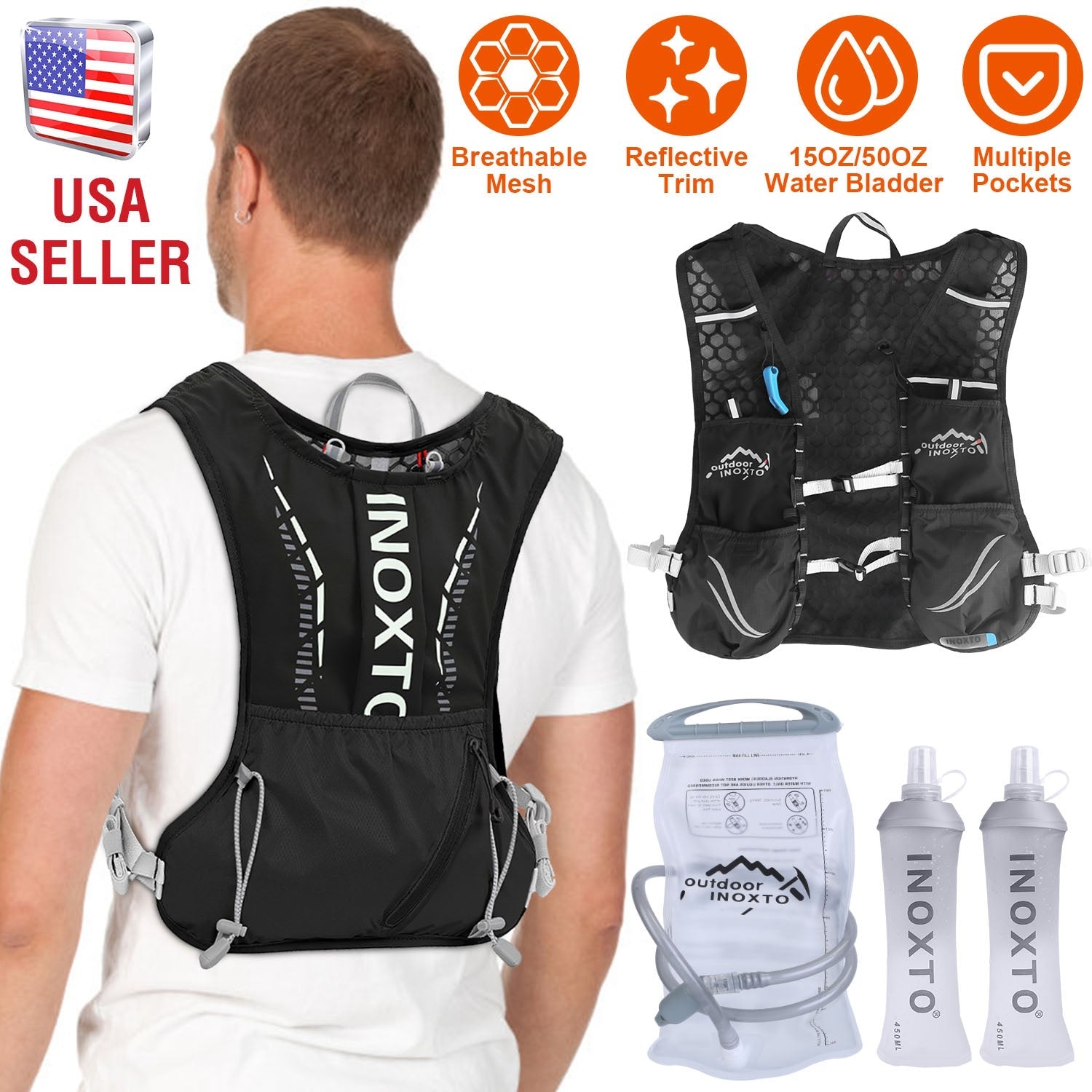 Sport Hydration Vest Running Backpack with 15oz 50oz Water Bladder Adjustable Strap Storage Bag for Trail Running Marathon Race Hiking - Energize Trek