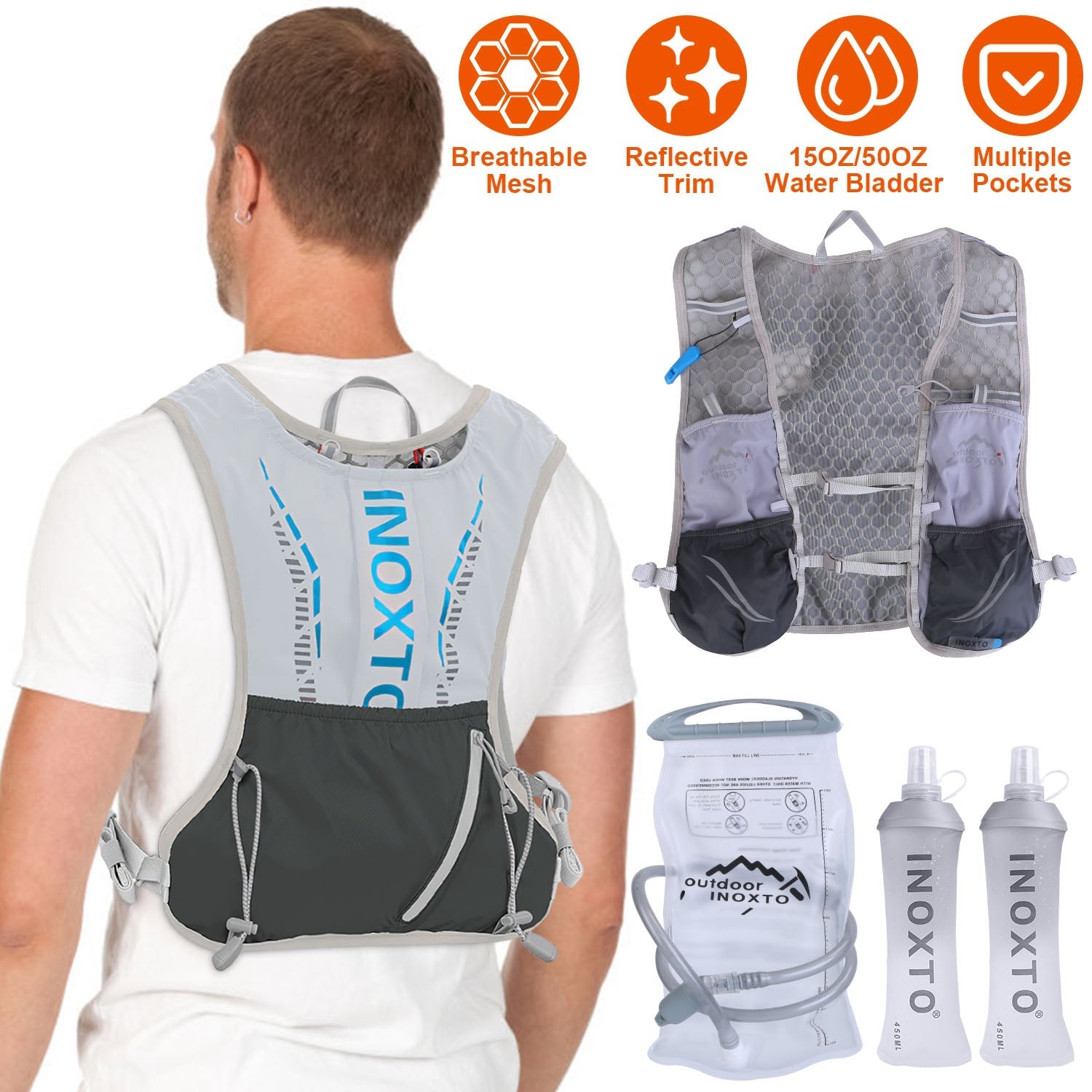 Sport Hydration Vest Running Backpack with 15oz 50oz Water Bladder Adjustable Strap Storage Bag for Trail Running Marathon Race Hiking - Energize Trek