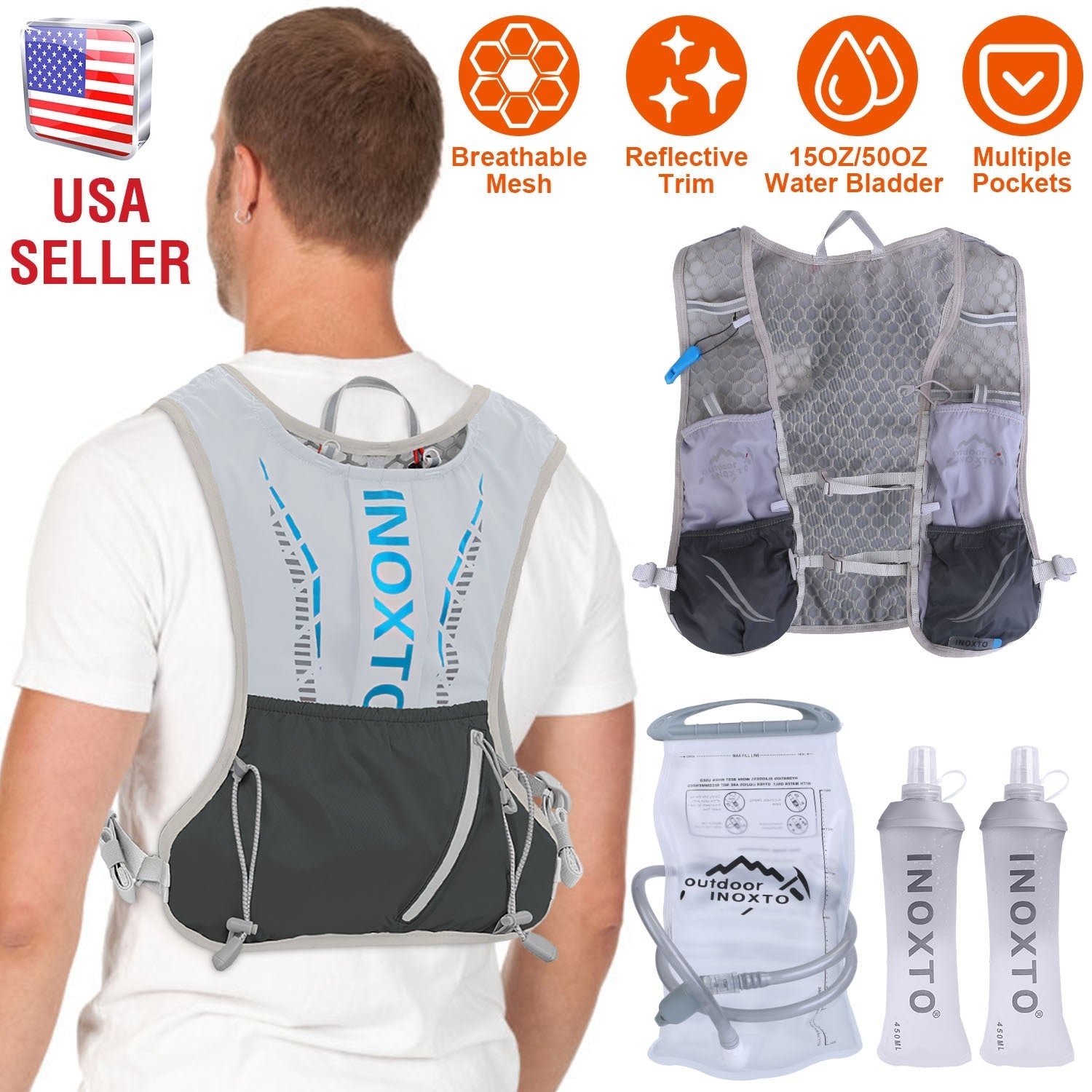 Sport Hydration Vest Running Backpack with 15oz 50oz Water Bladder Adjustable Strap Storage Bag for Trail Running Marathon Race Hiking - Energize Trek