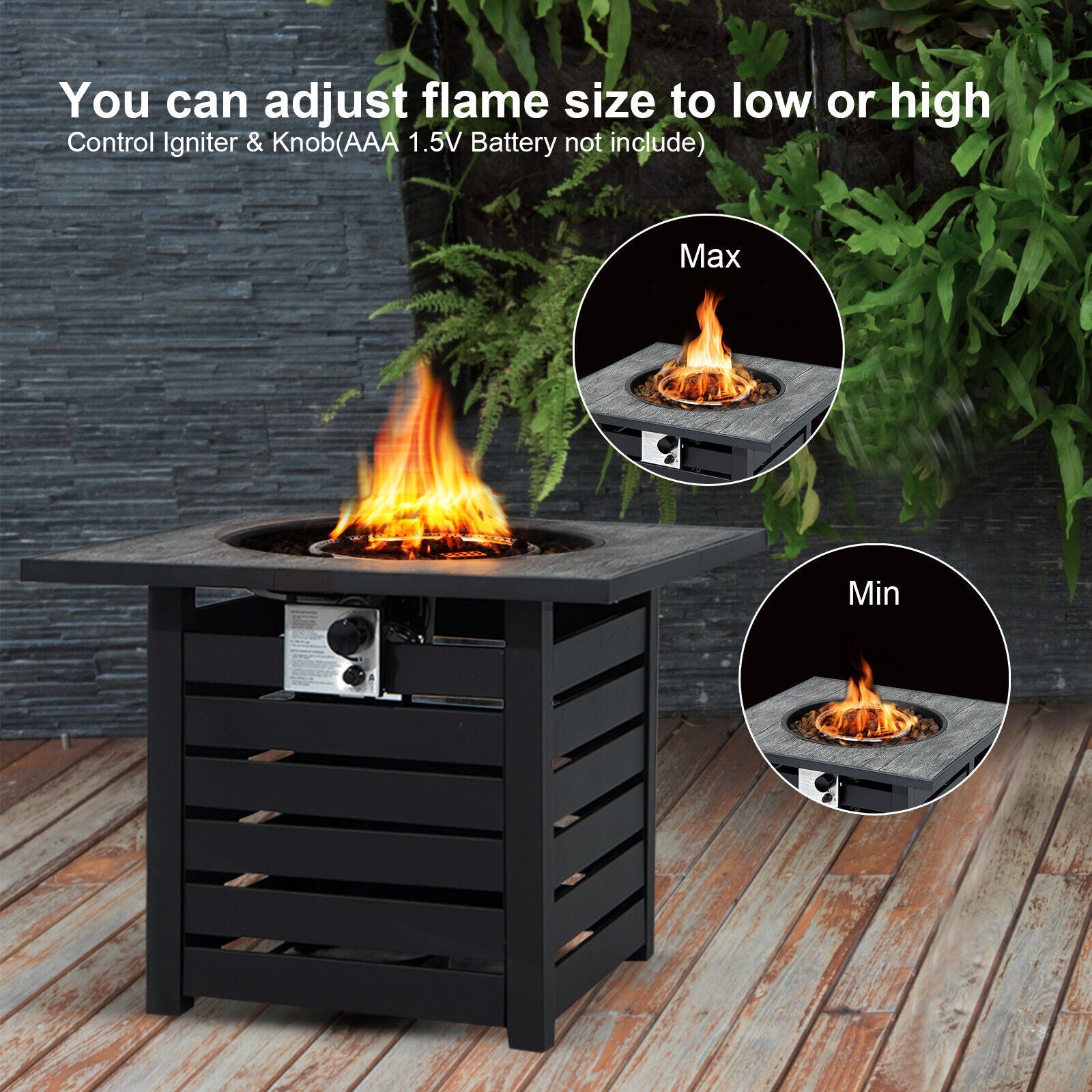 Square Propane Fire Pit Table with Lava Rocks and Rain Cover - Energize Trek
