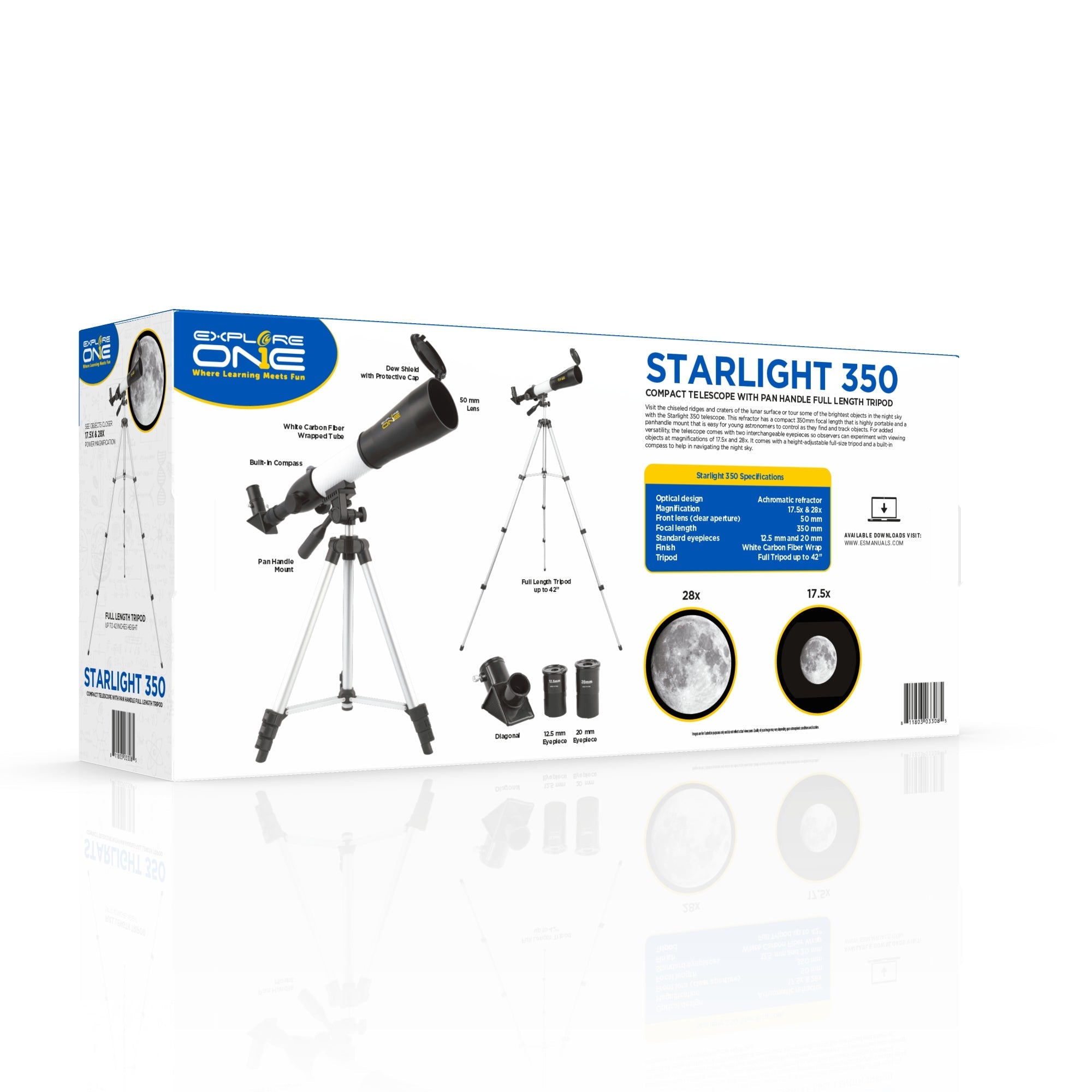 Starlight 350 Compact Telescope with Pan Handle Full Length Tripod - Energize Trek