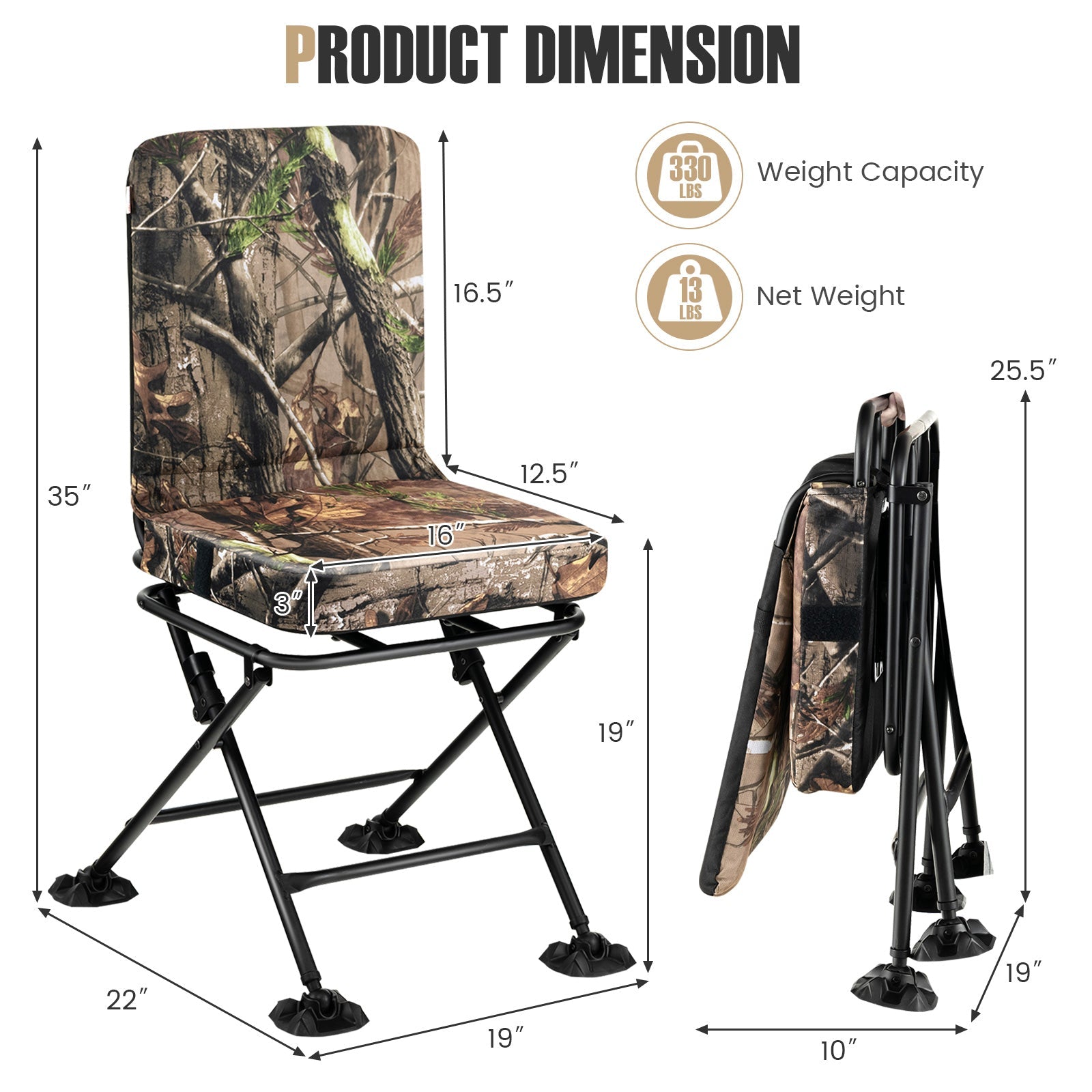 Swivel Folding Chair with Backrest and Padded Cushion - Energize Trek