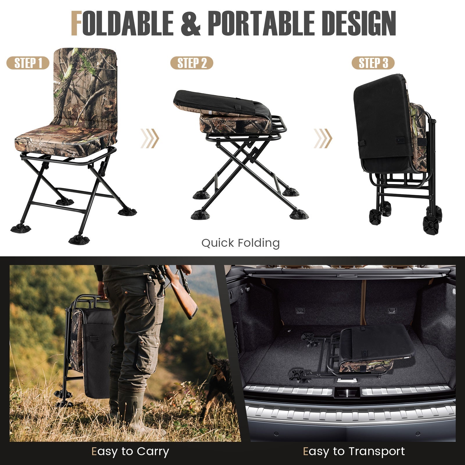 Swivel Folding Chair with Backrest and Padded Cushion - Energize Trek