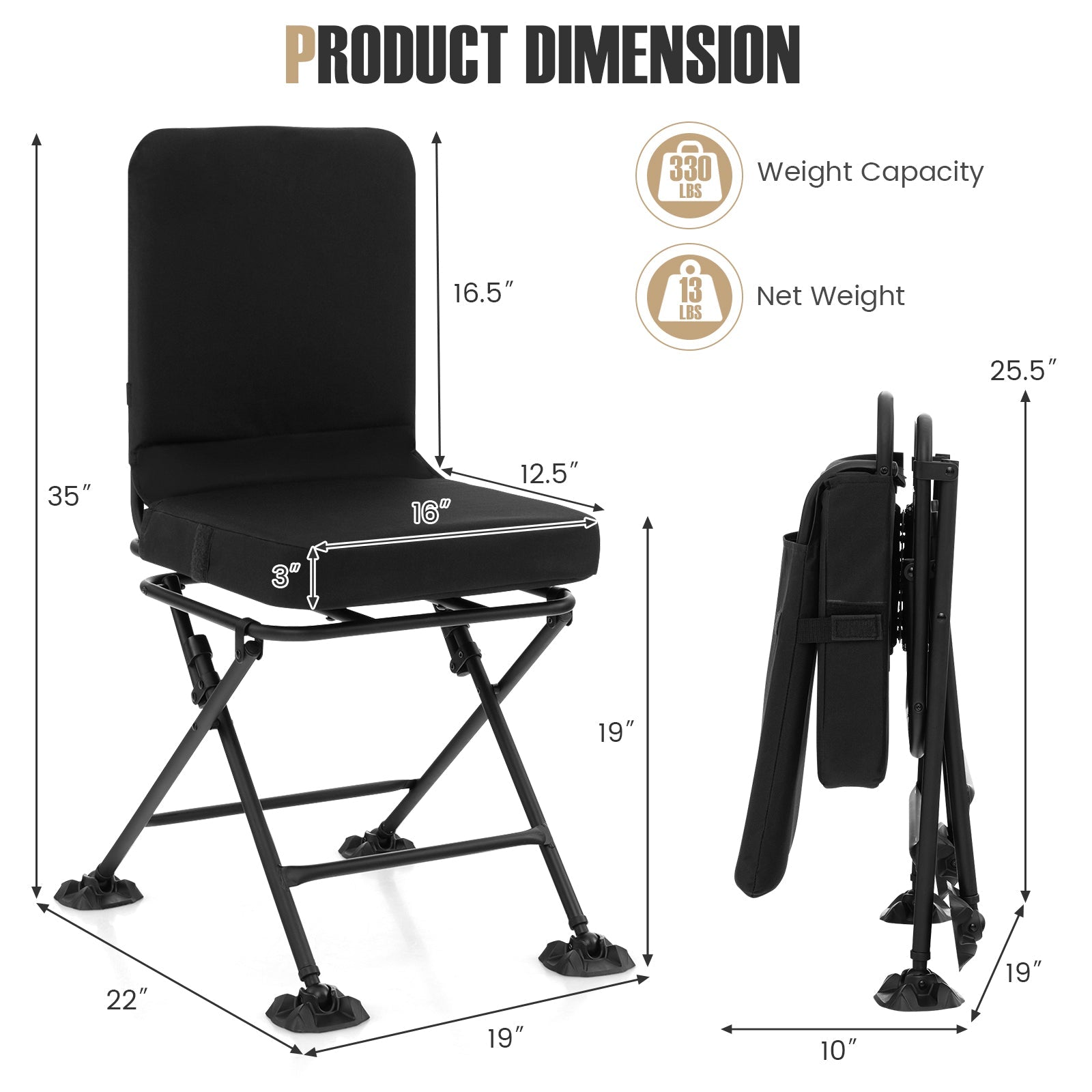 Swivel Folding Chair with Backrest and Padded Cushion - Energize Trek