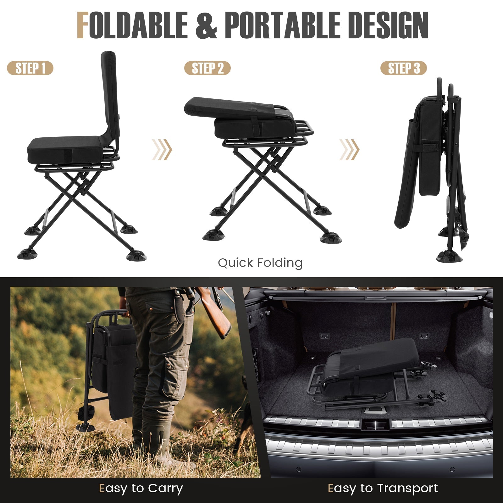 Swivel Folding Chair with Backrest and Padded Cushion - Energize Trek