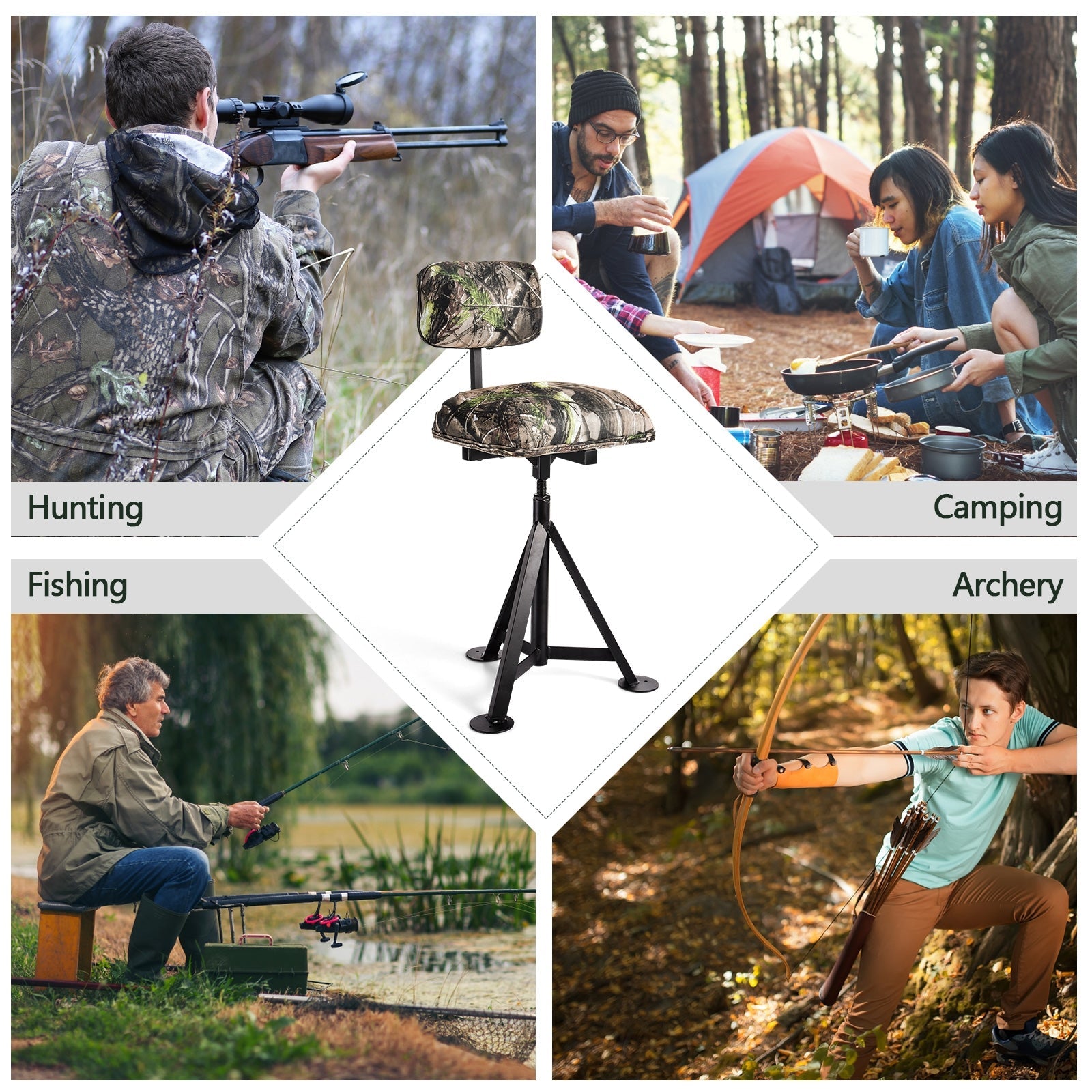 Swivel Hunting Chair Tripod Blind Stool with Detachable Backrest - Energize Trek