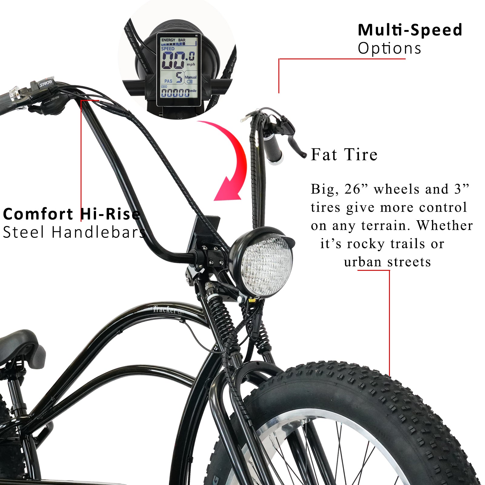 TRACER 26“ E-bike,DUAL SPRINGER FORK, 800*380 HANDLEBAR,7 SPEED MOTOR, DISC BRAKE - Energize Trek