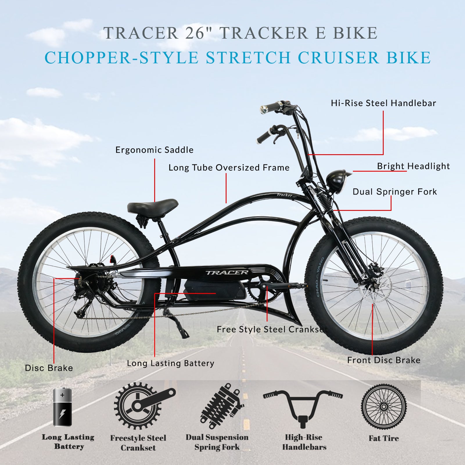 TRACER 26“ E-bike,DUAL SPRINGER FORK, 800*380 HANDLEBAR,7 SPEED MOTOR, DISC BRAKE - Energize Trek