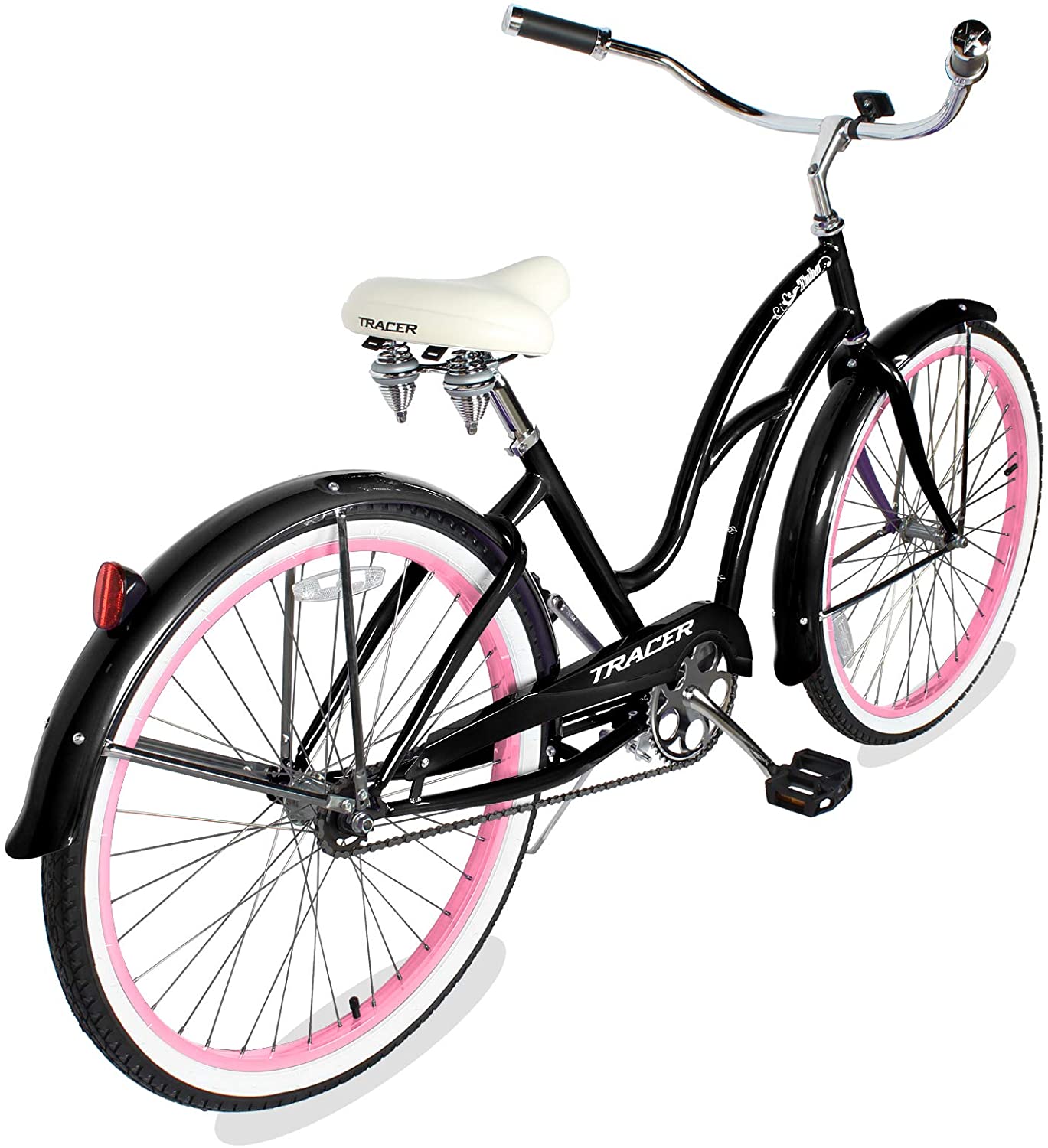 TRACER 26' Female Beach Cruiser Coaster Brake Stainless Steel Spokes One Piece Crank Alloy Apple Green Rims 36H W/ Fenders - Energize Trek