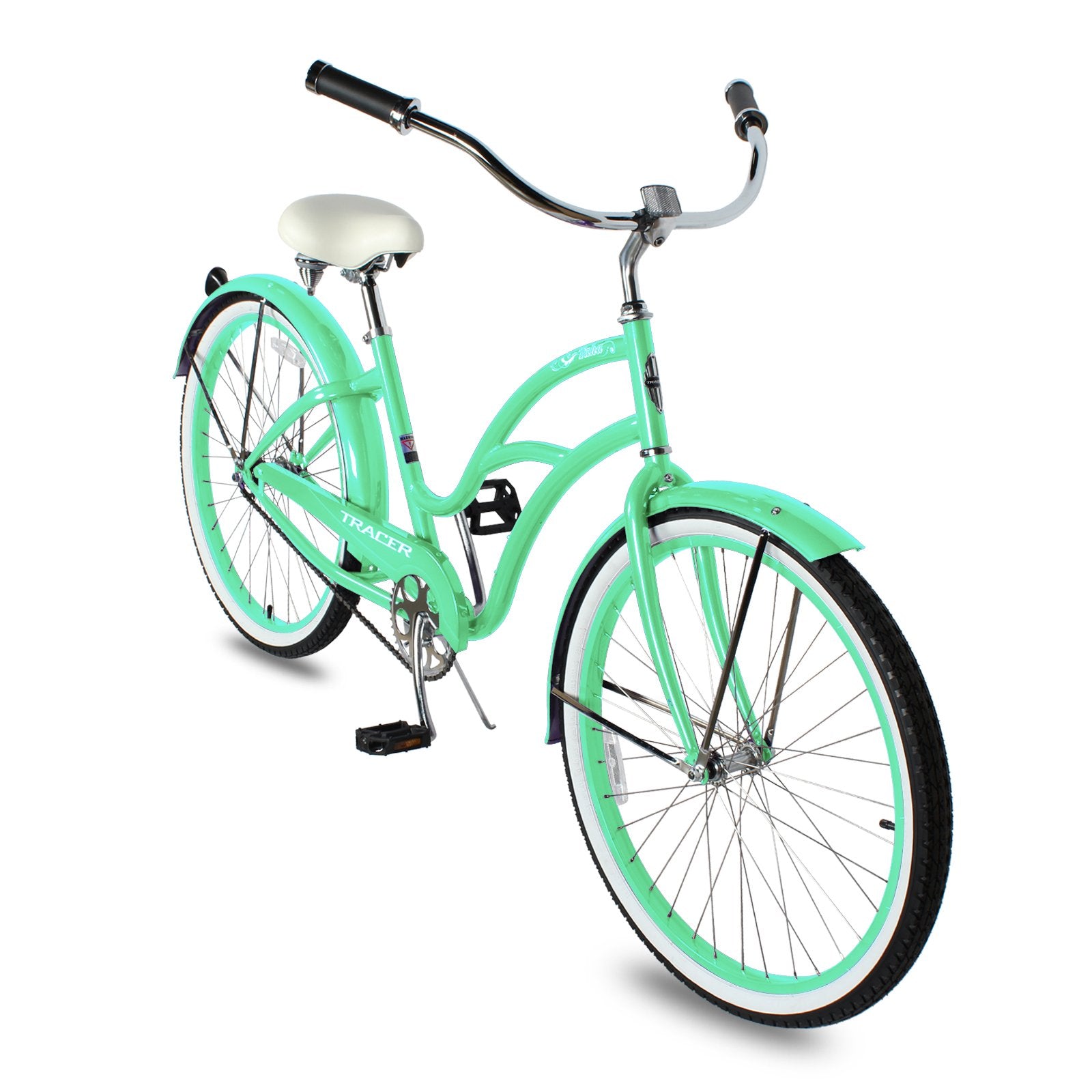 TRACER 26' Female Beach Cruiser Coaster Brake Stainless Steel Spokes One Piece Crank Alloy Apple Green Rims 36H W/ Fenders - Energize Trek